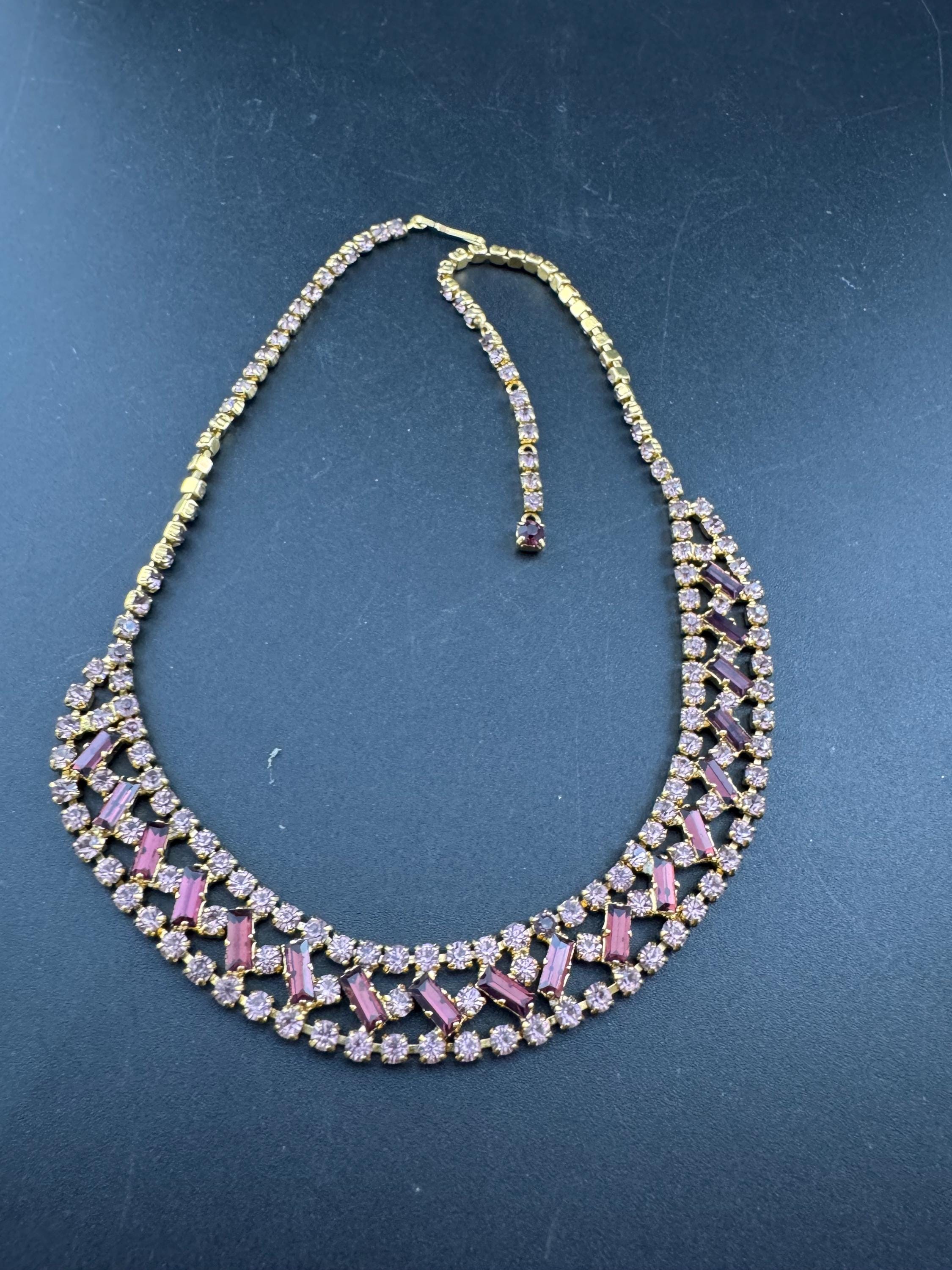 Purple amethyst baguette diamanté crystal choker necklace, glass rhinestones, vintage