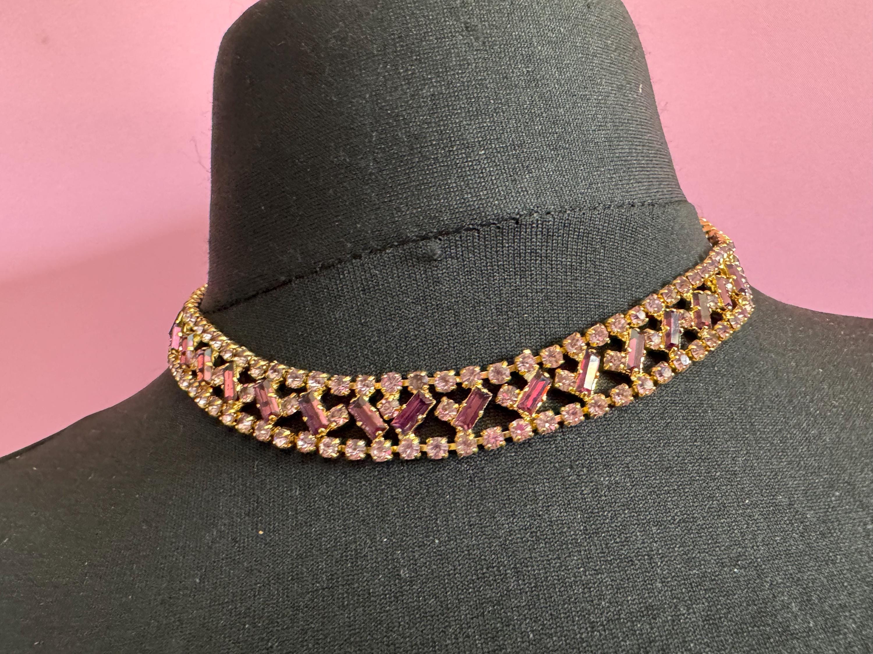 Purple amethyst baguette diamanté crystal choker necklace, glass rhinestones, vintage