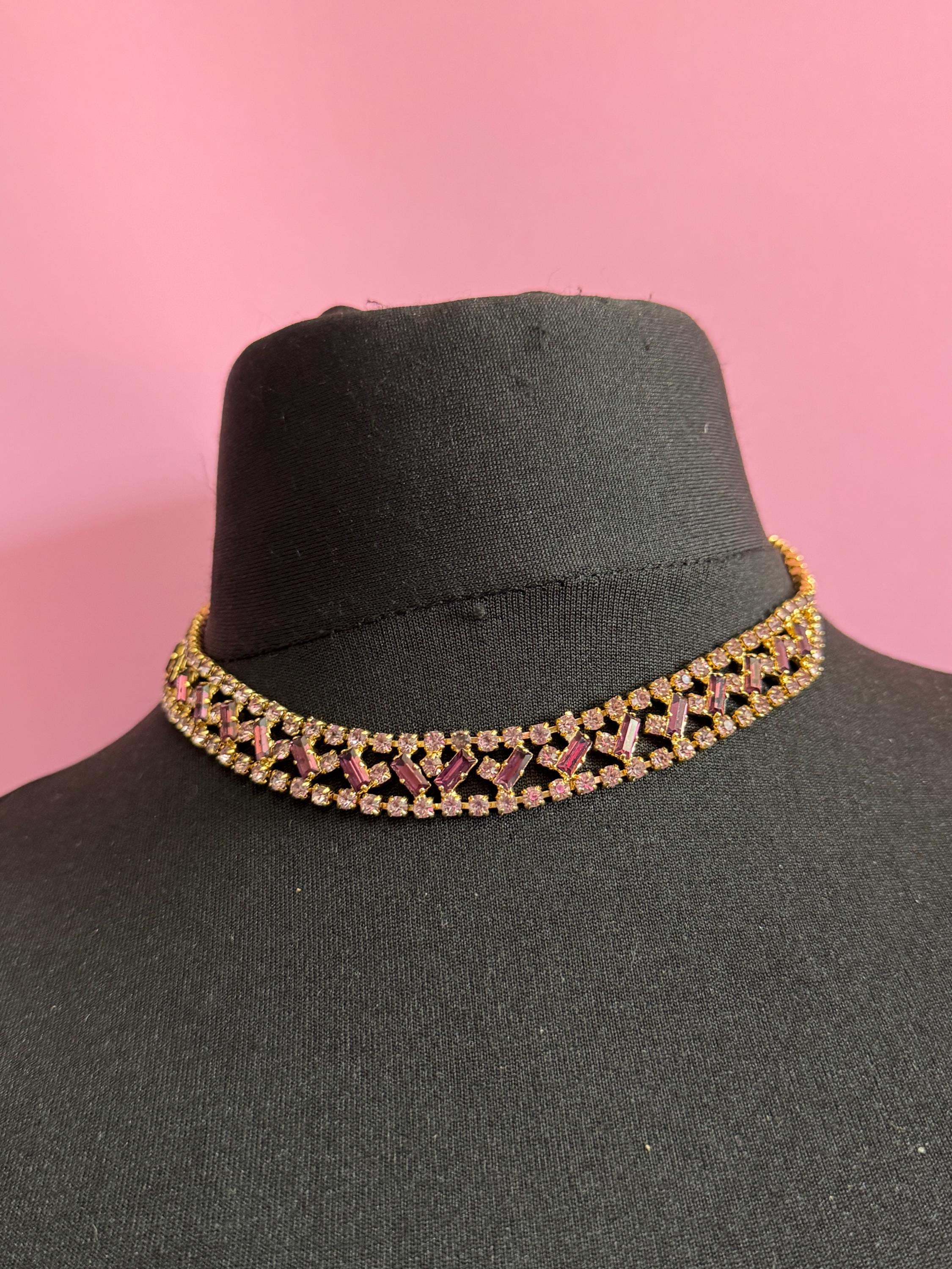 Purple amethyst baguette diamanté crystal choker necklace, glass rhinestones, vintage
