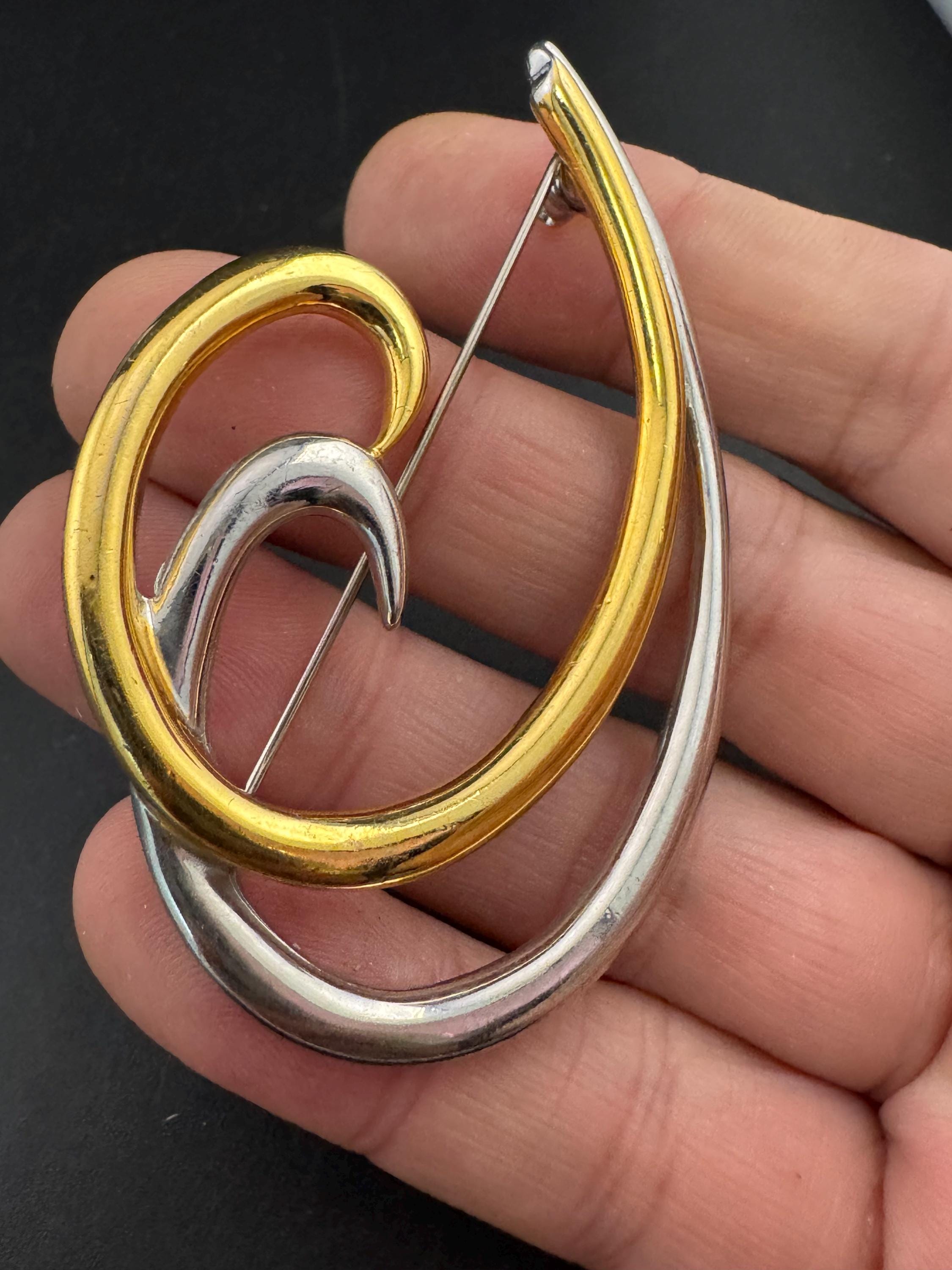Signed MONET large abstract modernist swirl brooch, 6cm gold and silver tone