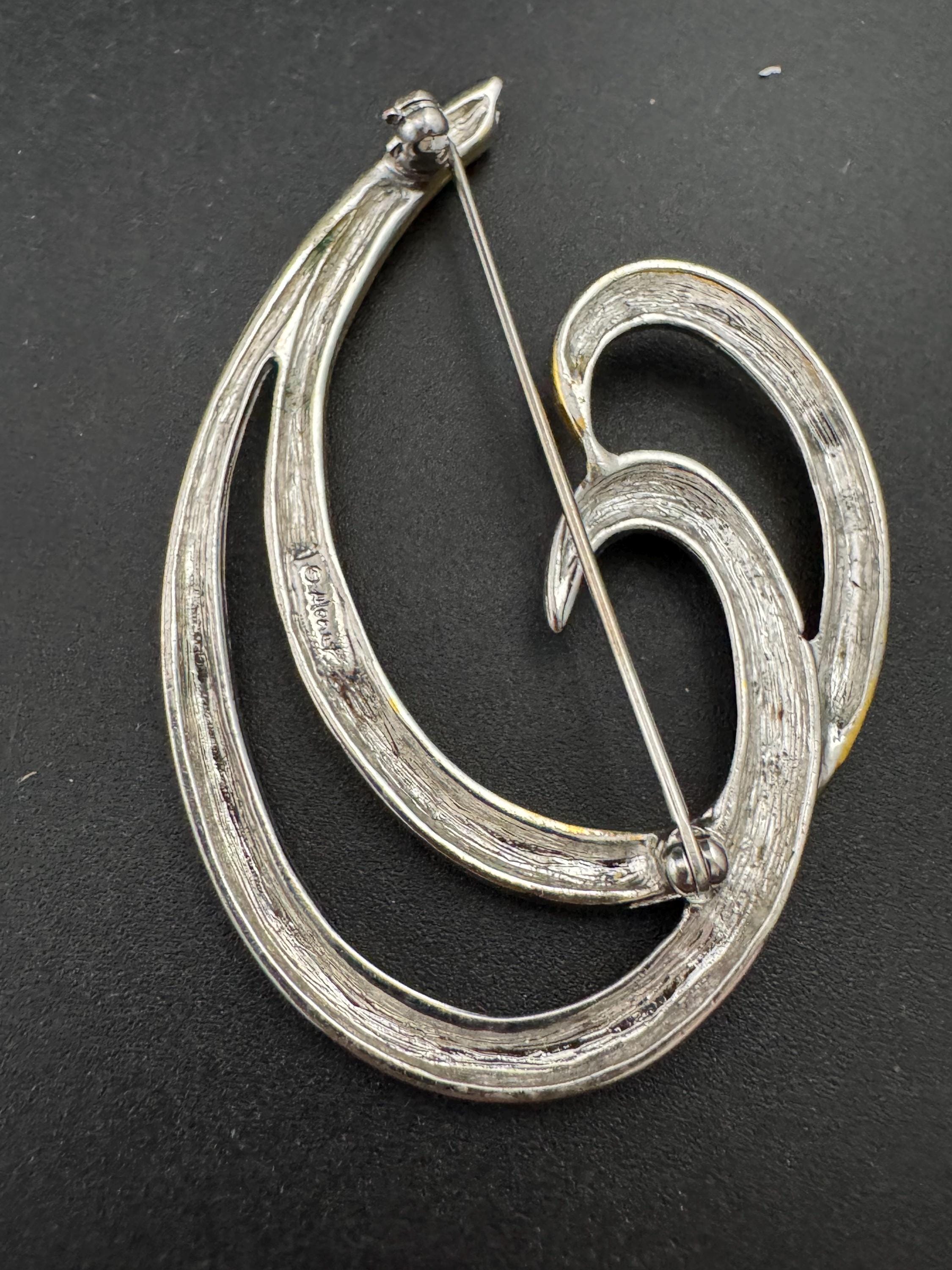 Signed MONET large abstract modernist swirl brooch, 6cm gold and silver tone