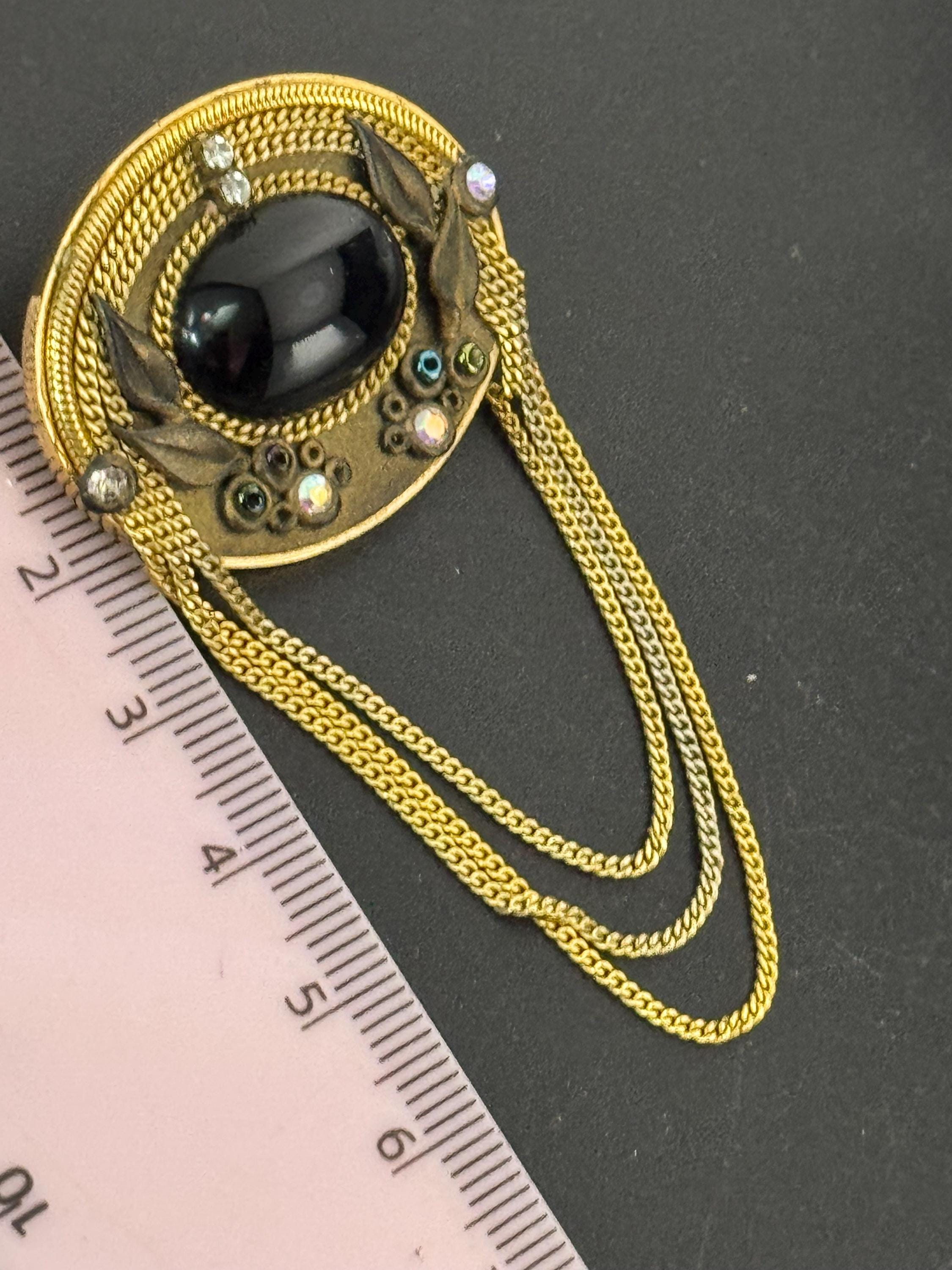 signed Marena west Germany cabochon brooch, set with rhinestones and chains 18k gold plated