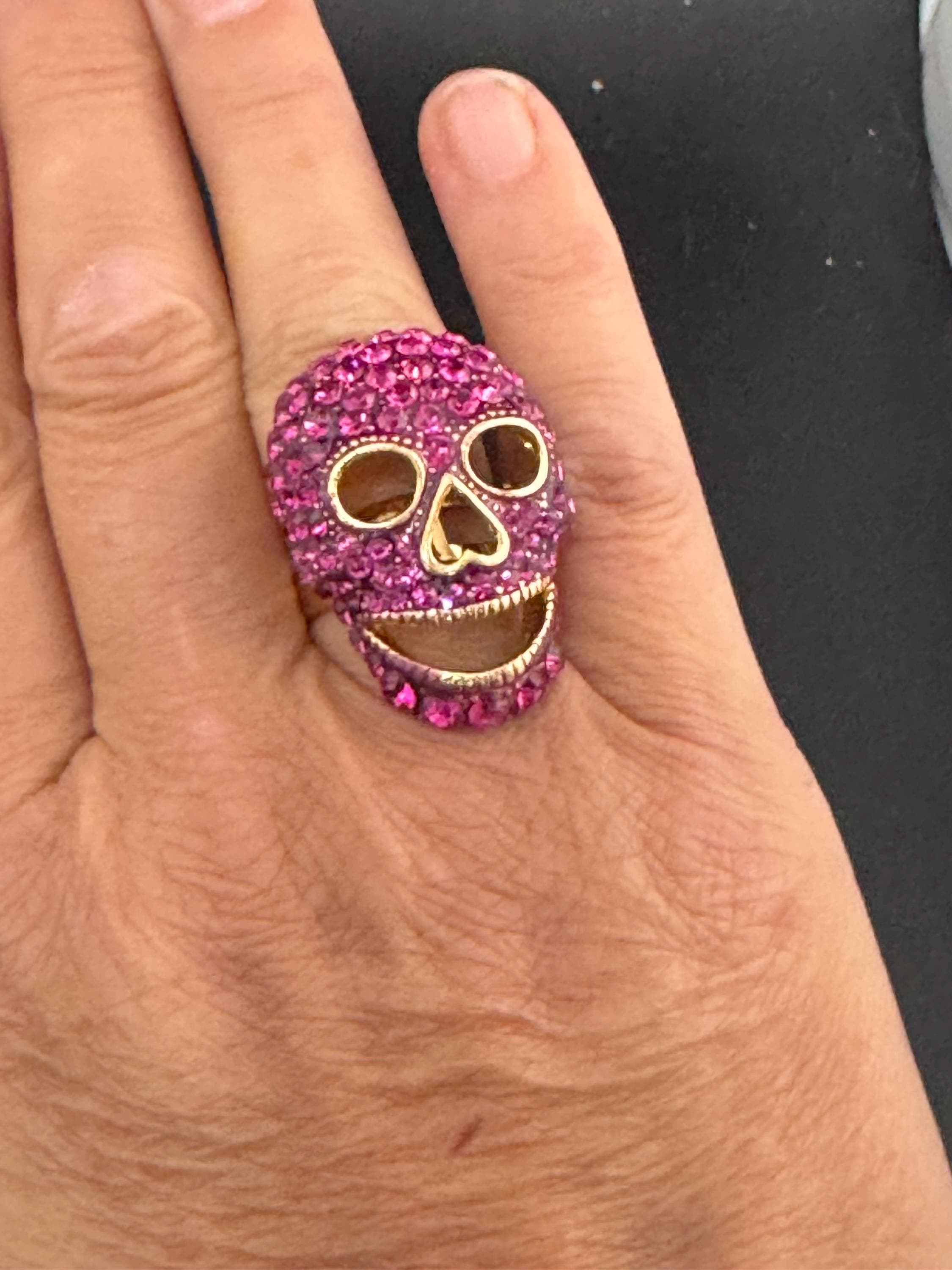 retro pink rhinestone skull ring by butler and Wilson , adjustable and signed