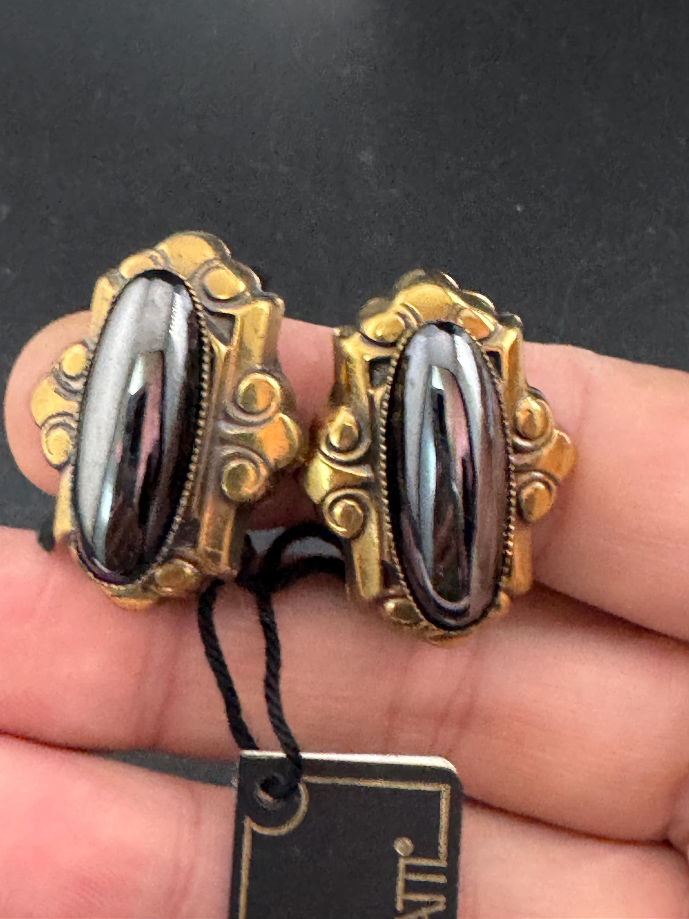Designer Ermani Bulatti grey glass oval clip on earrings, antique gold tone signed