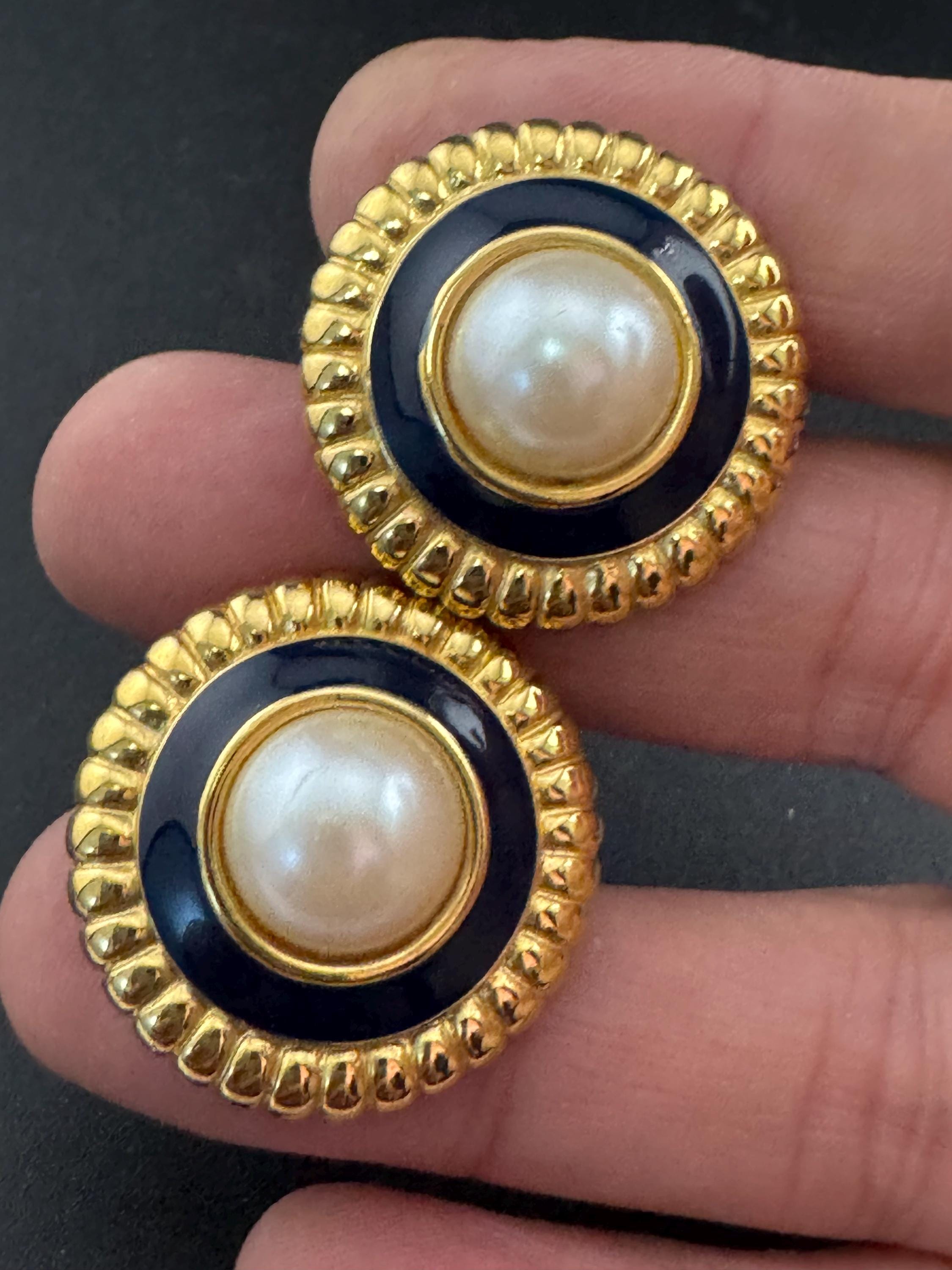 Signed monet Navy blue enamel pearl clip on earrings, gold tone stud