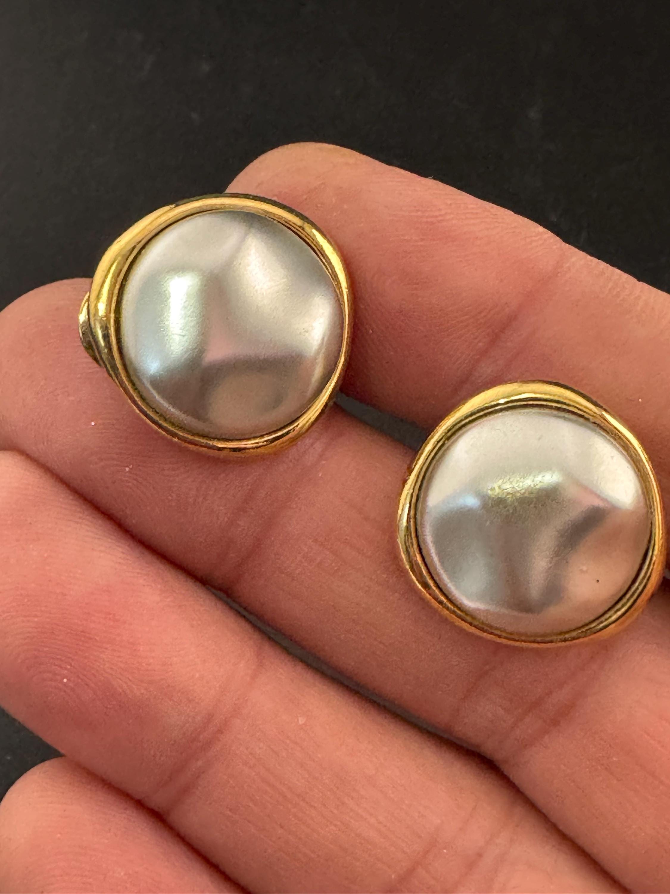 Vintage Monet soft grey Pearl Clip On Earrings: 22ct Gold Plated, signed