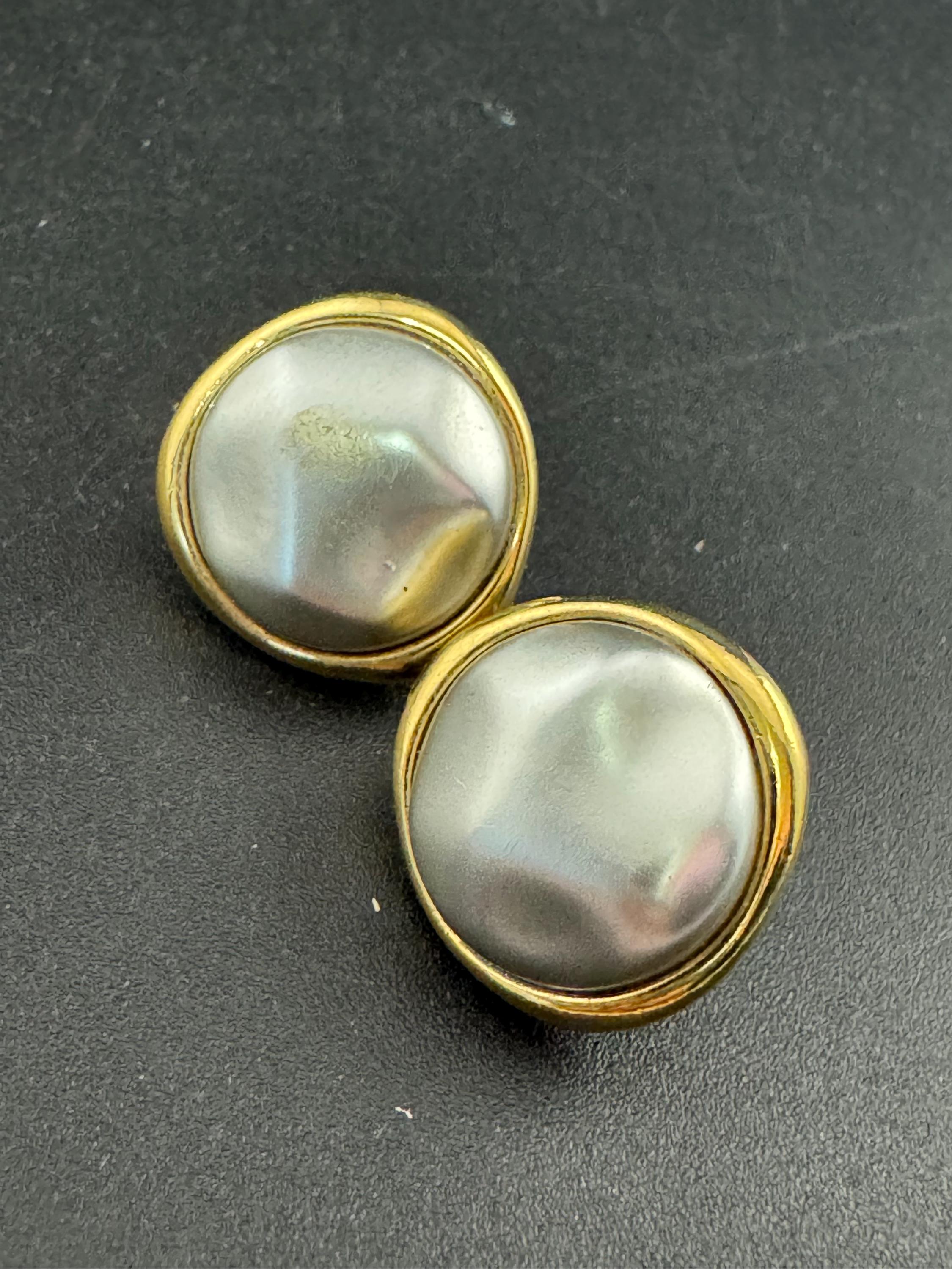 Vintage Monet soft grey Pearl Clip On Earrings: 22ct Gold Plated, signed