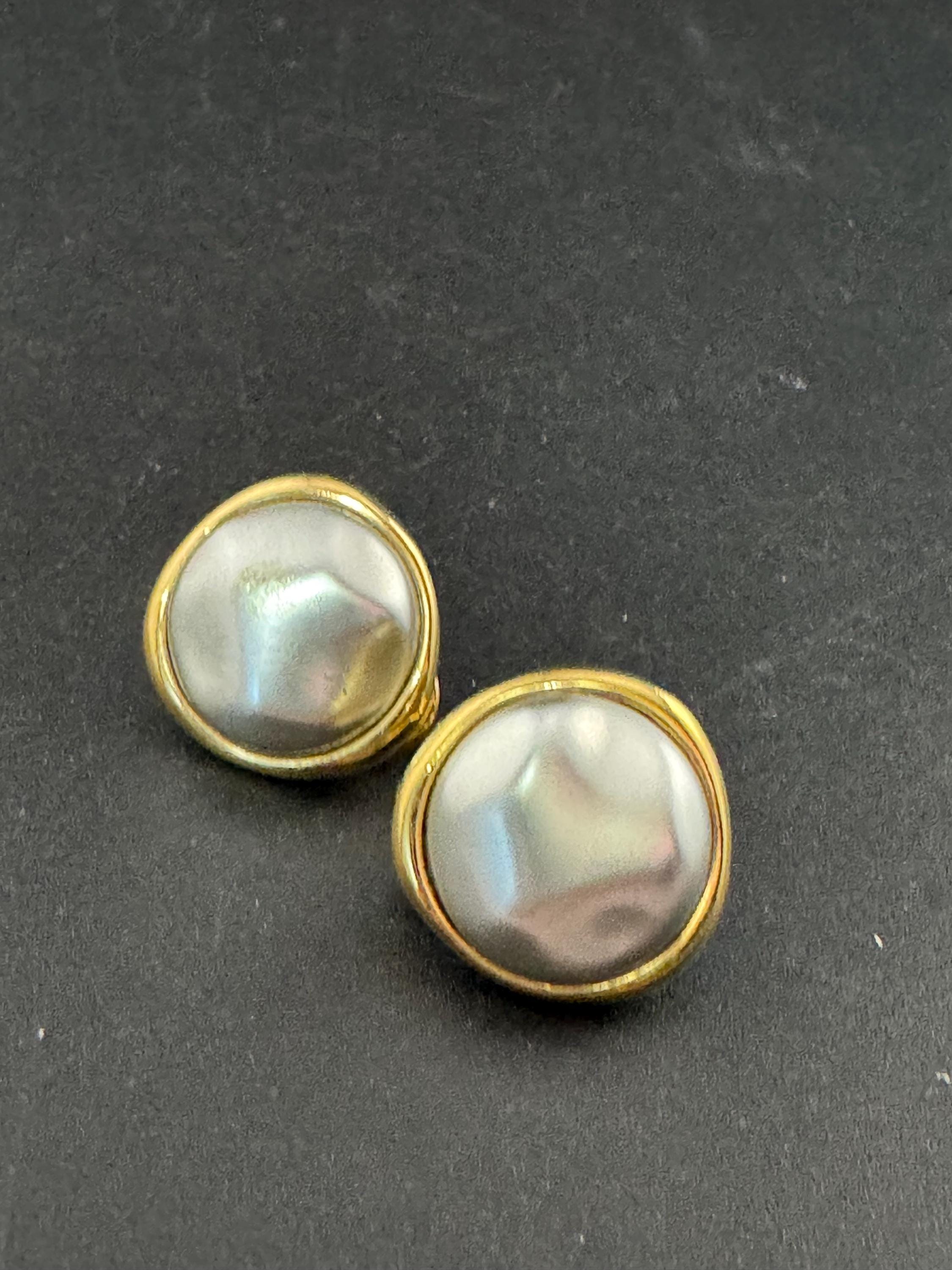 Vintage Monet soft grey Pearl Clip On Earrings: 22ct Gold Plated, signed