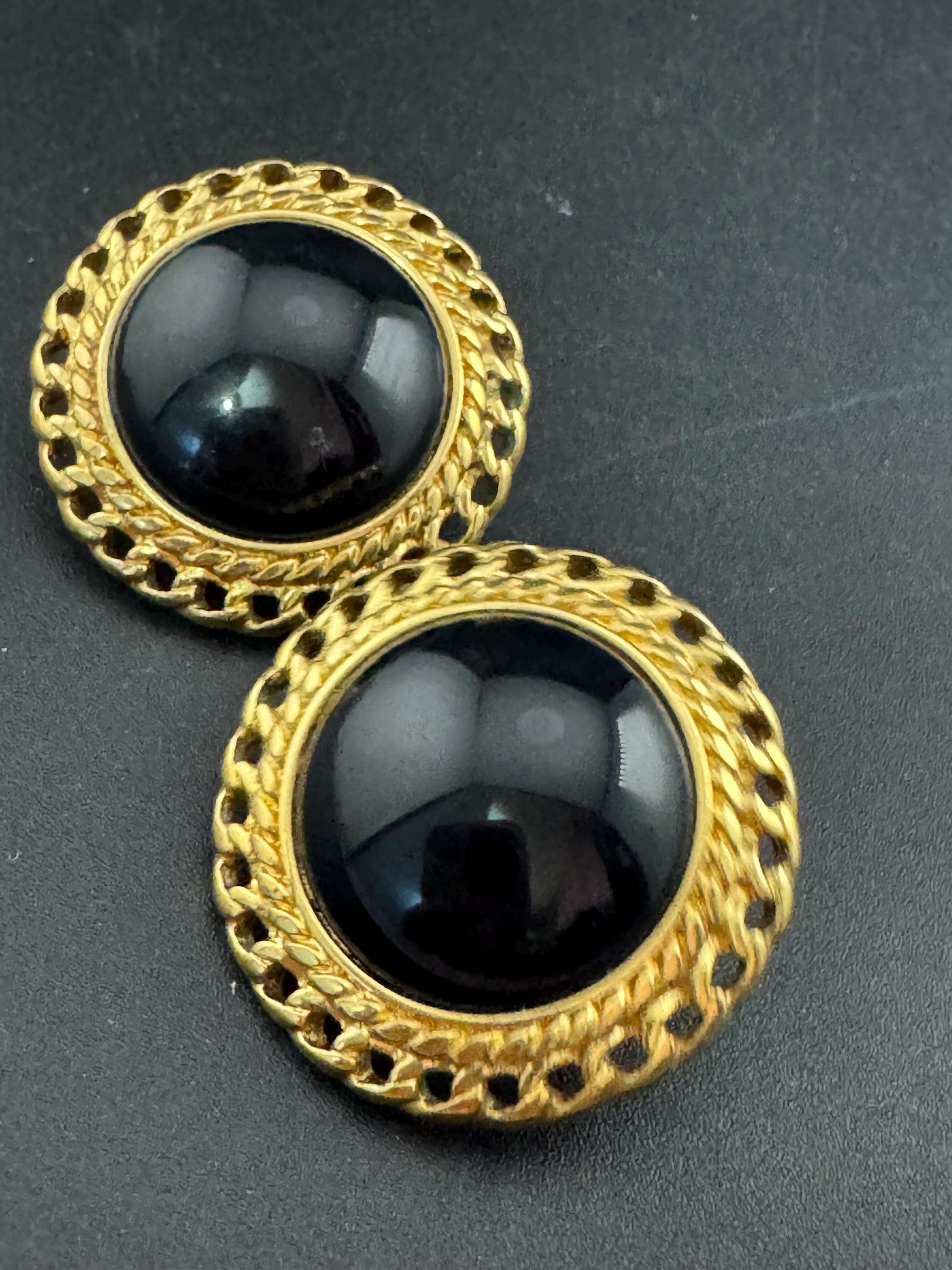 Oversized Signed MONET Gold tone black Cabochon clip on earrings, signed