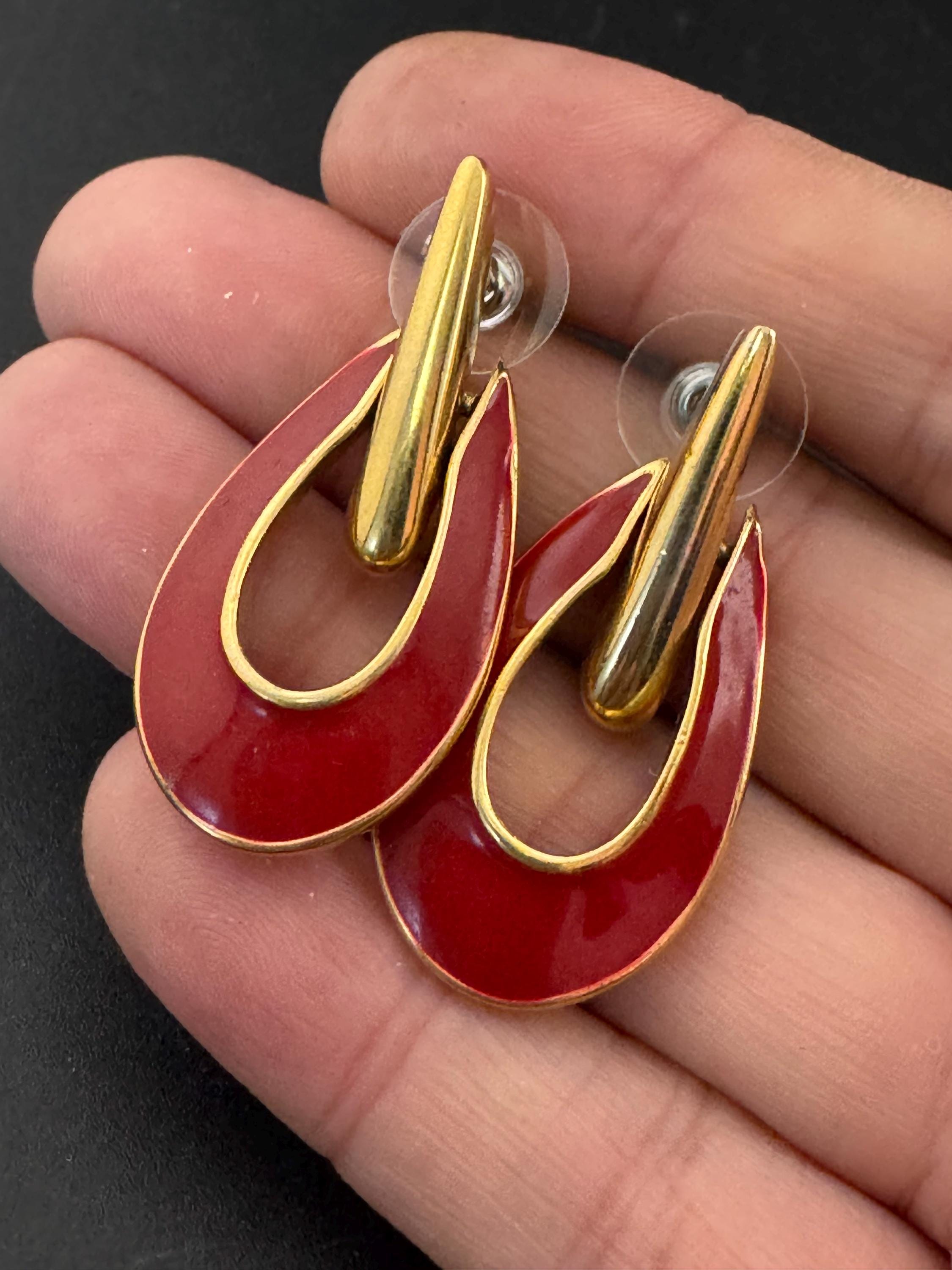 Signed Swarovski red enamel door knocker drop earrings, pierced gold tone