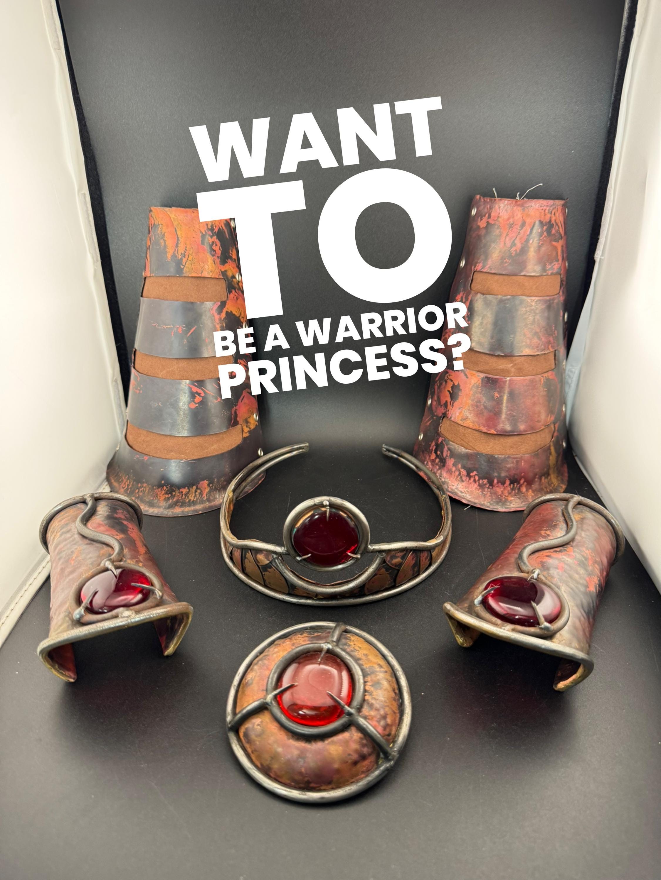 Artisan Amazonian warrior princess fancy dress outfit. copper tiara brooch shin and wrist cuffs