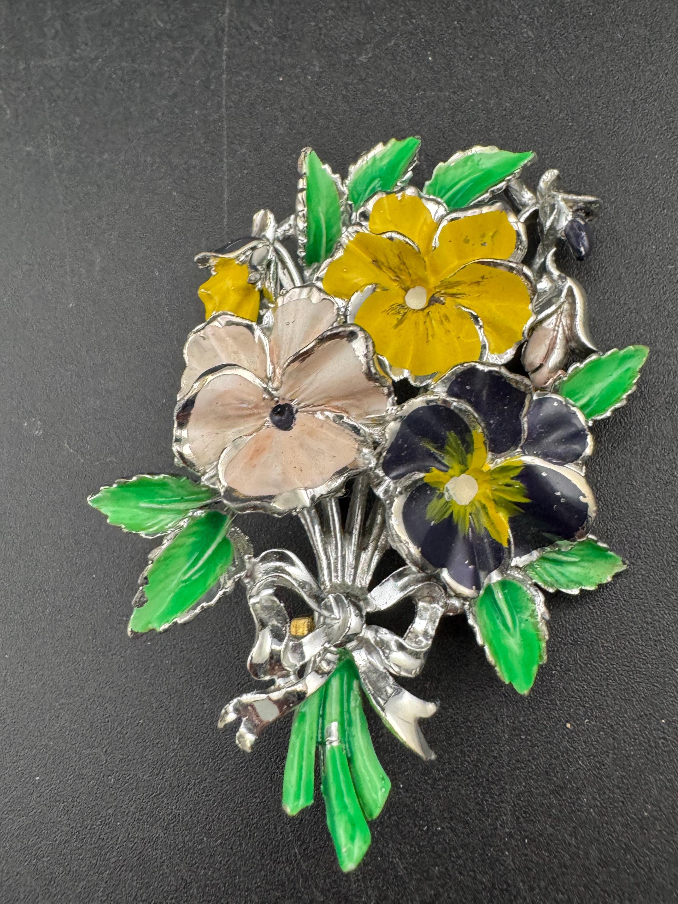 Vintage Enamel Exquisite floral birthday series brooch, purple pansey flowers