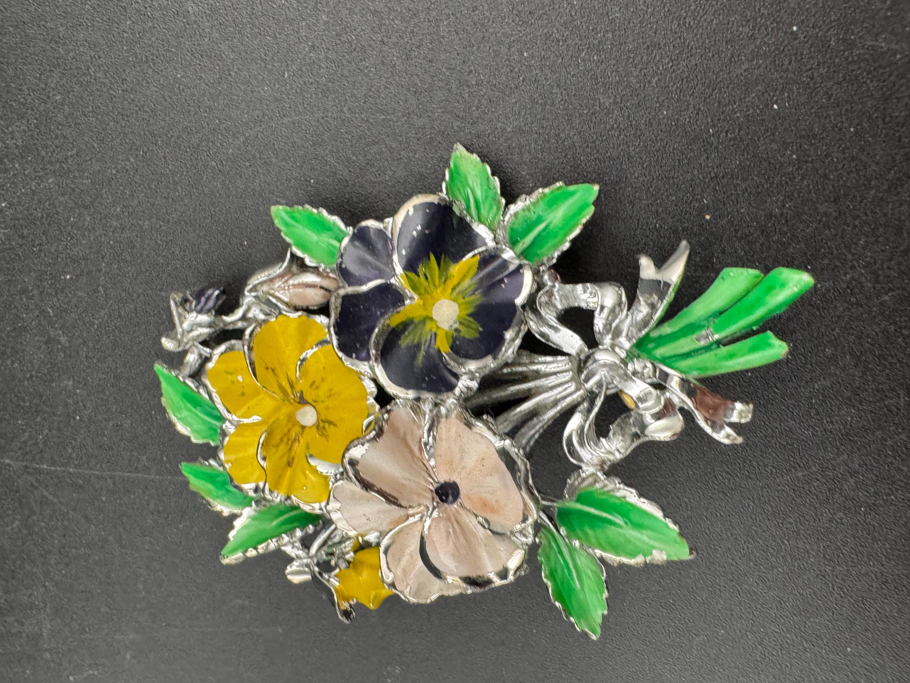 Vintage Enamel Exquisite floral birthday series brooch, purple pansey flowers