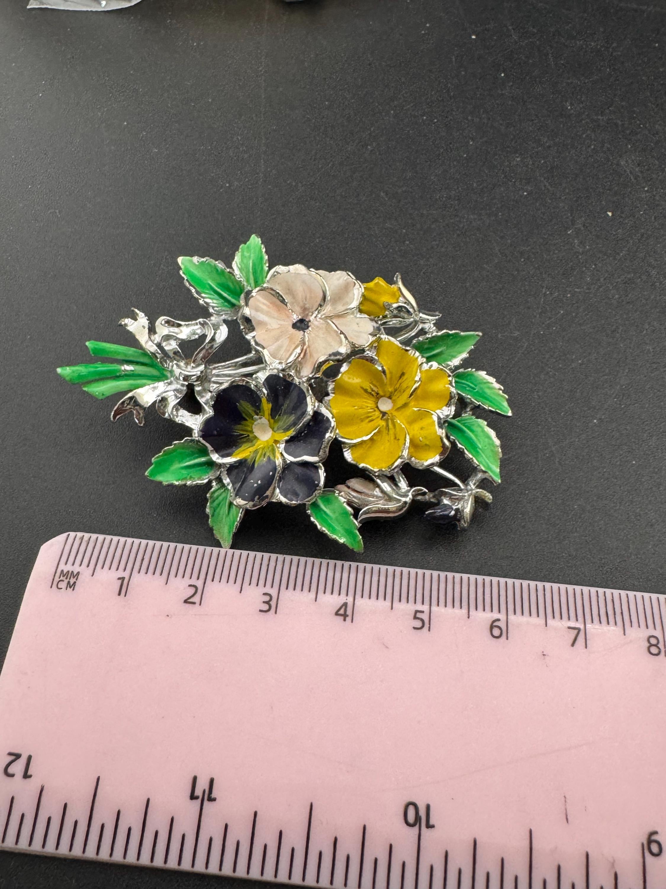 Vintage Enamel Exquisite floral birthday series brooch, purple pansey flowers
