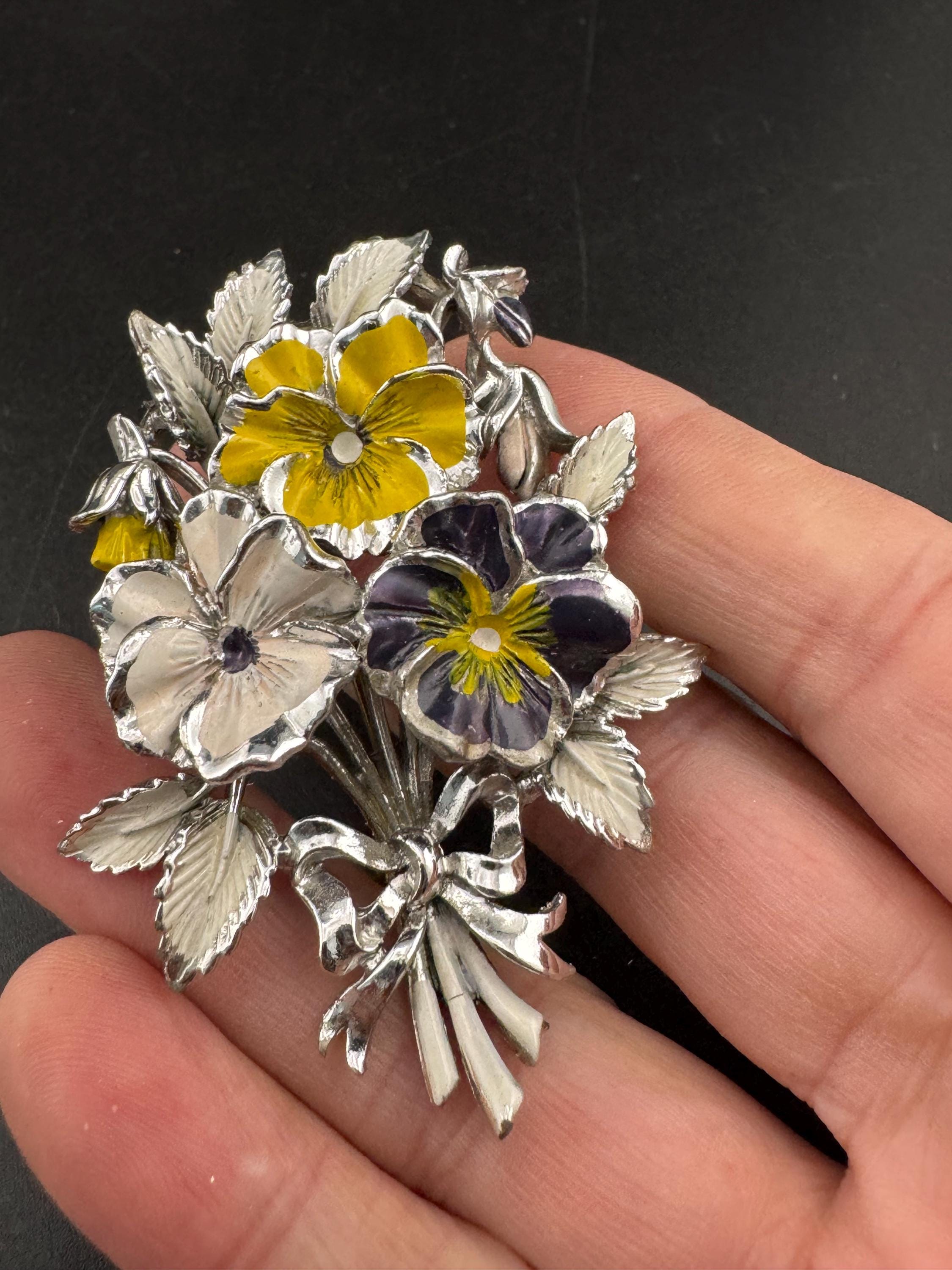 Vintage Enamel Exquisite floral birthday series brooch, purple pansey flowers
