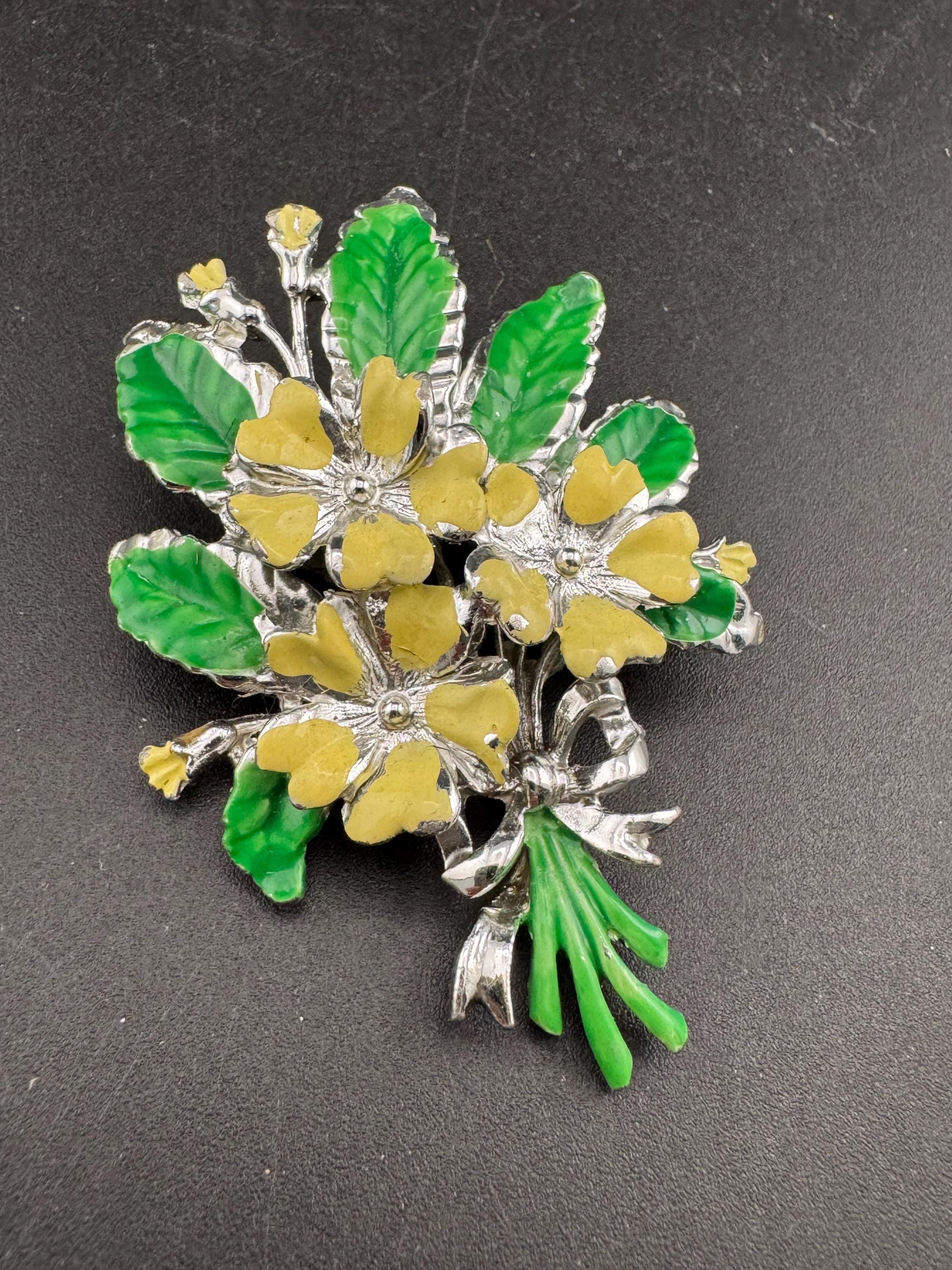 Vintage Enamel Exquisite floral birthday series brooch, yellow primrose flowers