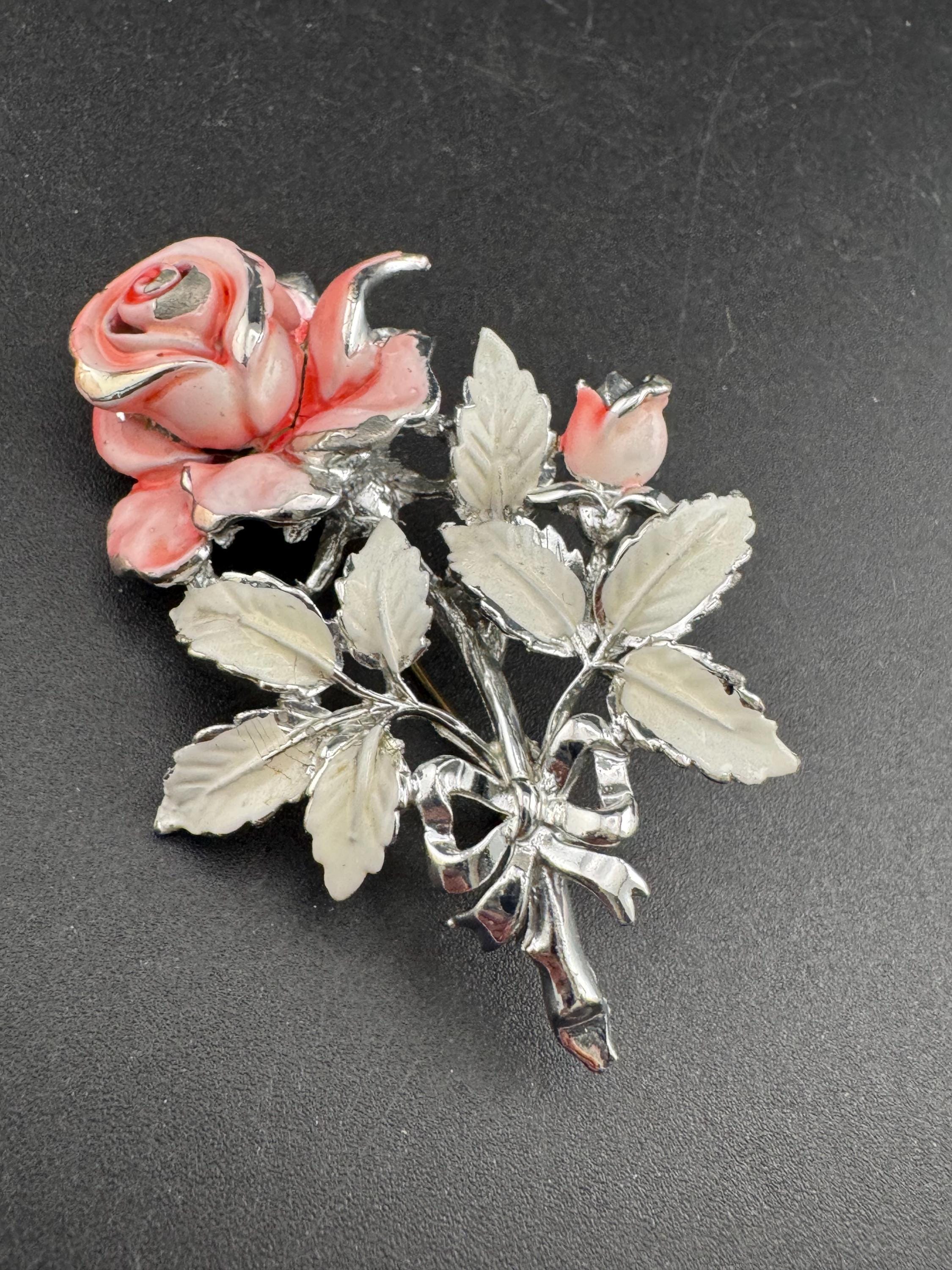 Vintage Enamel Exquisite floral birthday series brooch, pink rose flowers