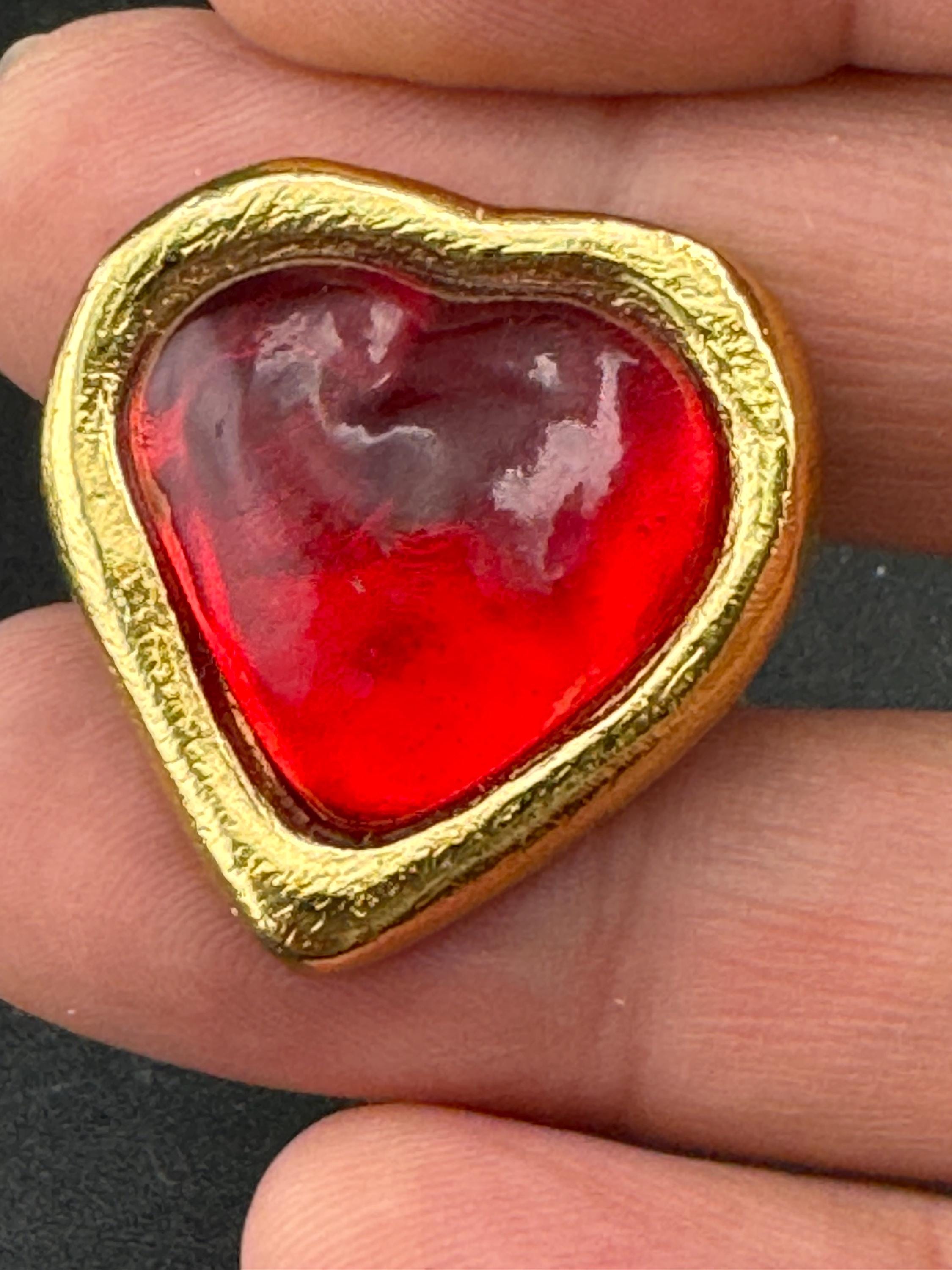 YSL Yves Saint Laurent red love heart brooch, vintage designer jewellery