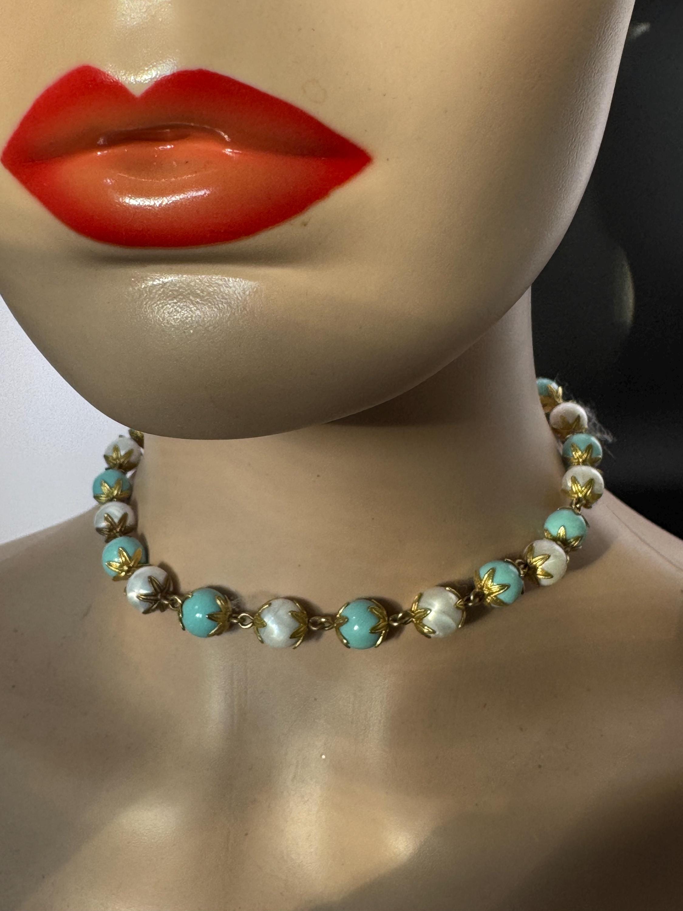 vintage TRIFARI turquoise and pearl necklace and clip on earring jewellery set