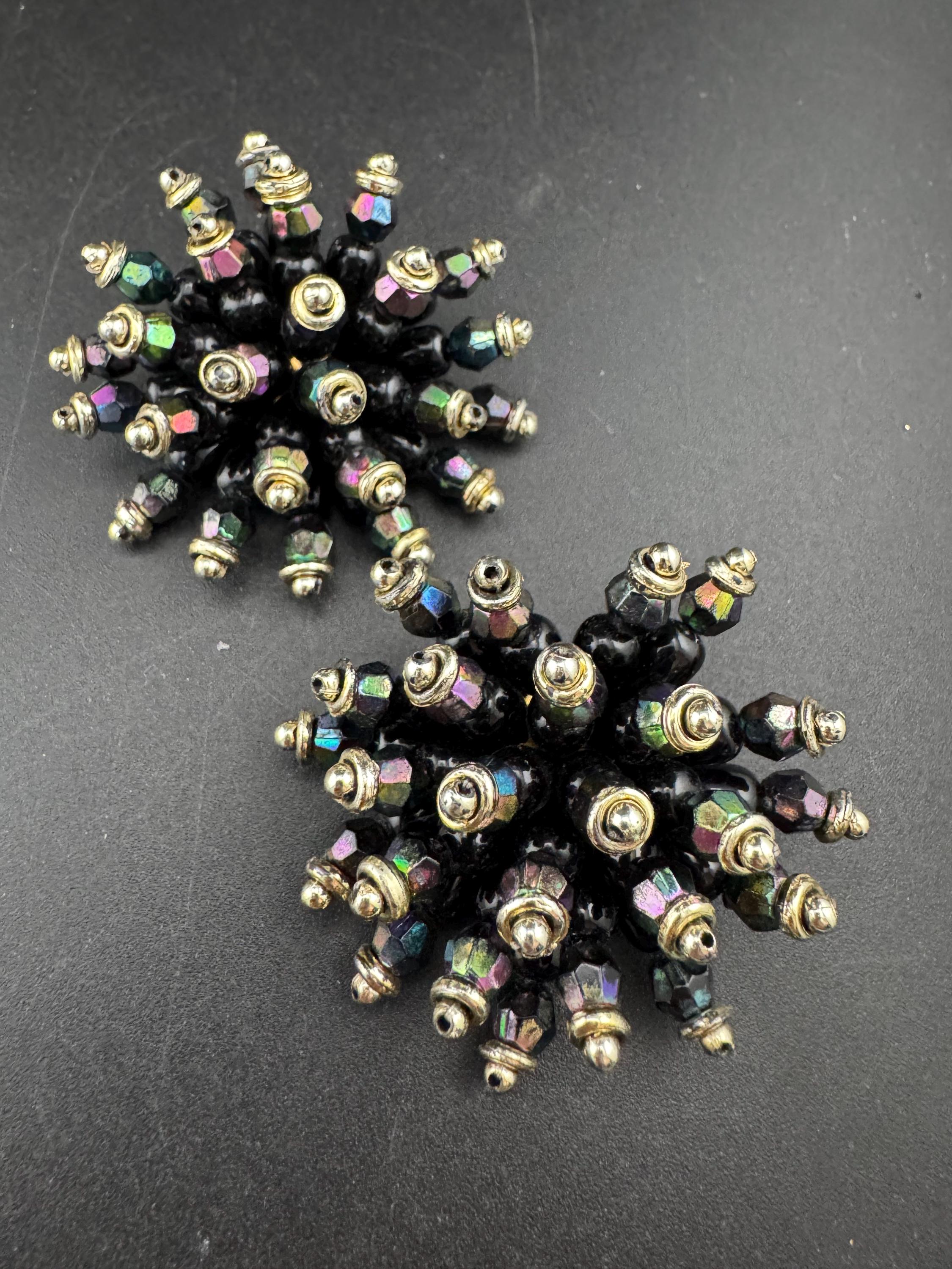 Oversized 5cm black gold plastic cluster beaded Clip On Earrings Vintage
