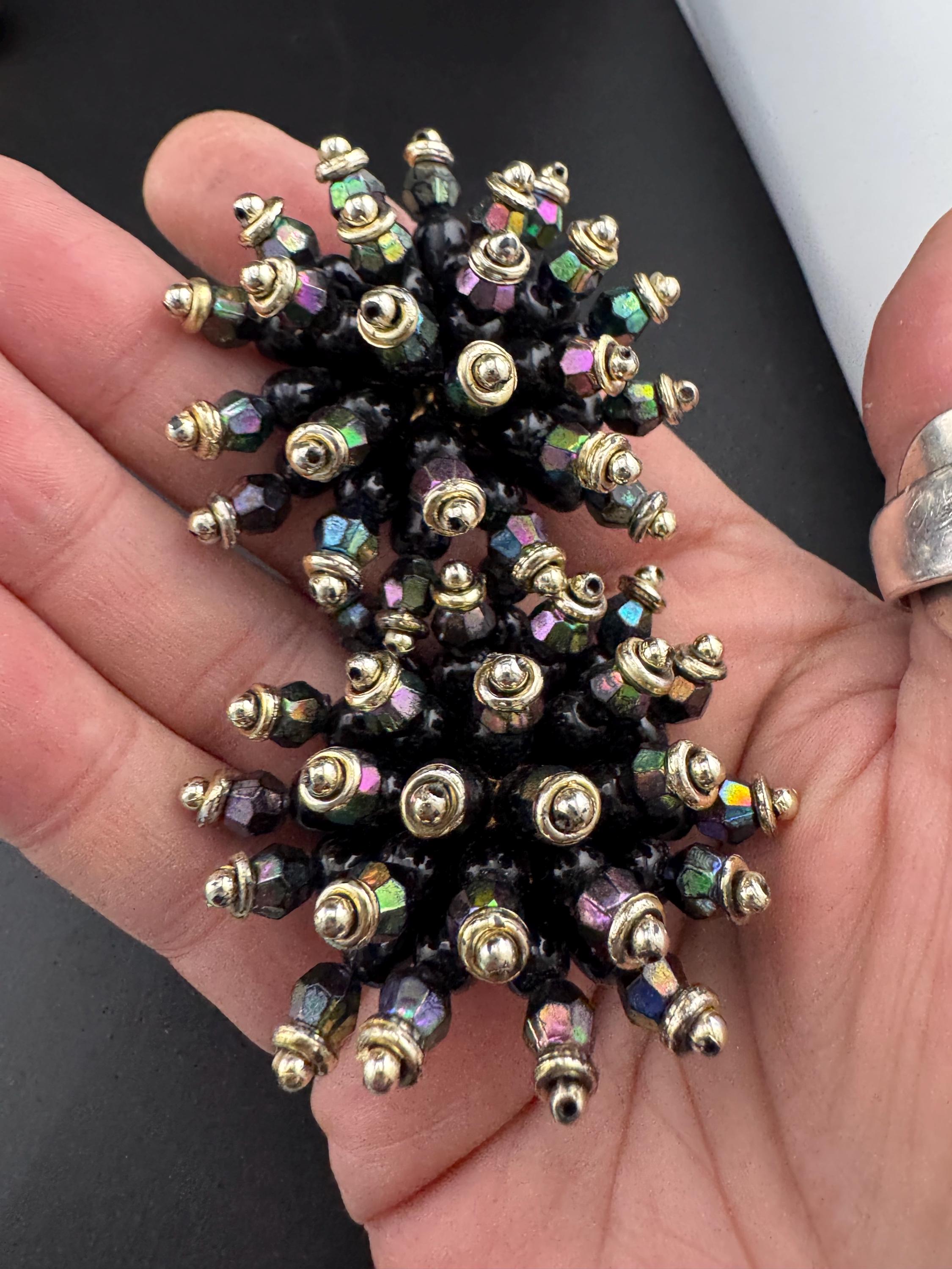 Oversized 5cm black gold plastic cluster beaded Clip On Earrings Vintage