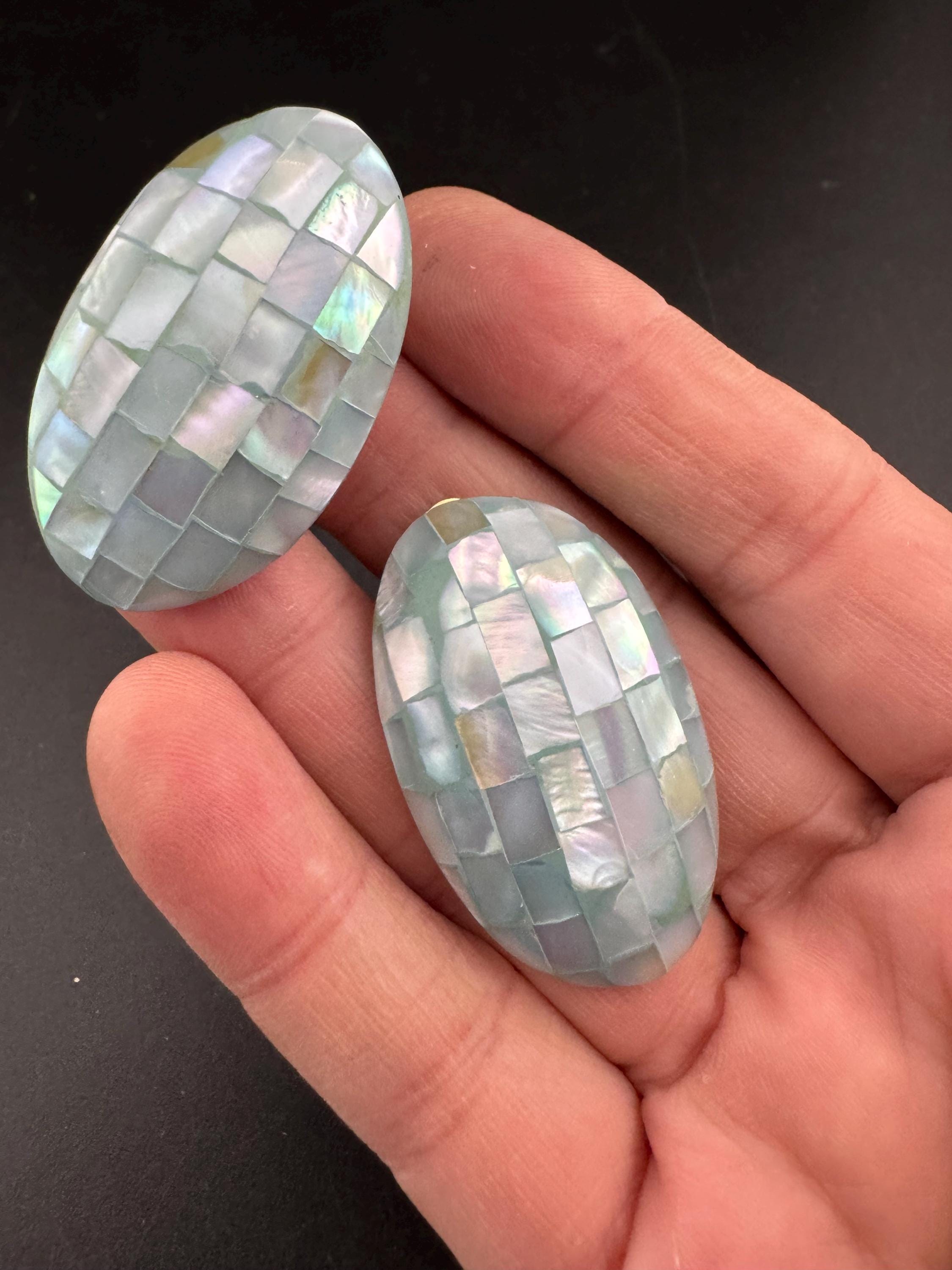 Oversized Vintage blue oval mother of pearl clip on earrings