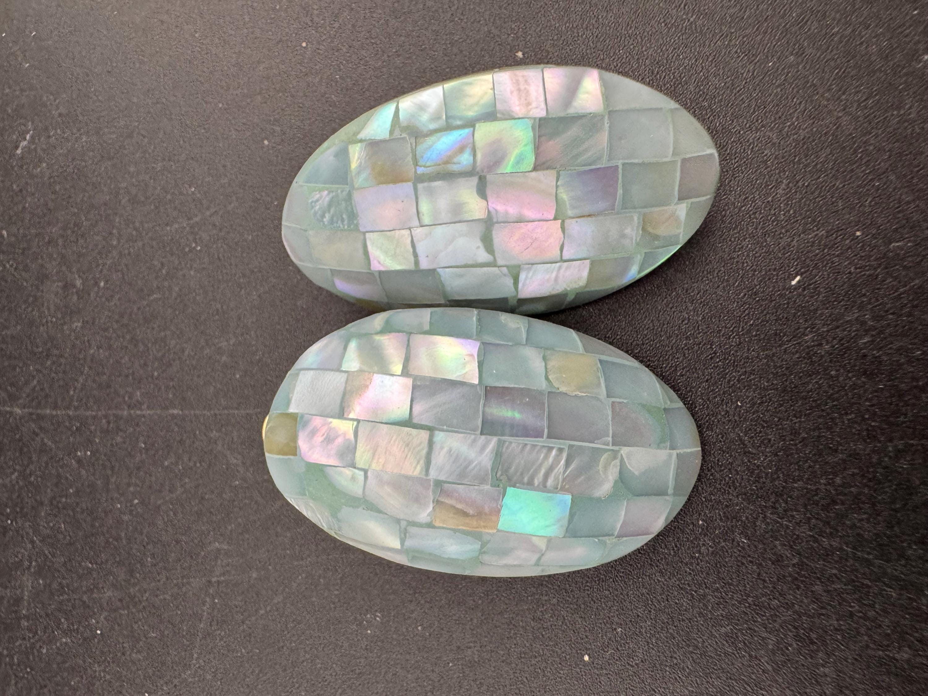 Oversized Vintage blue oval mother of pearl clip on earrings