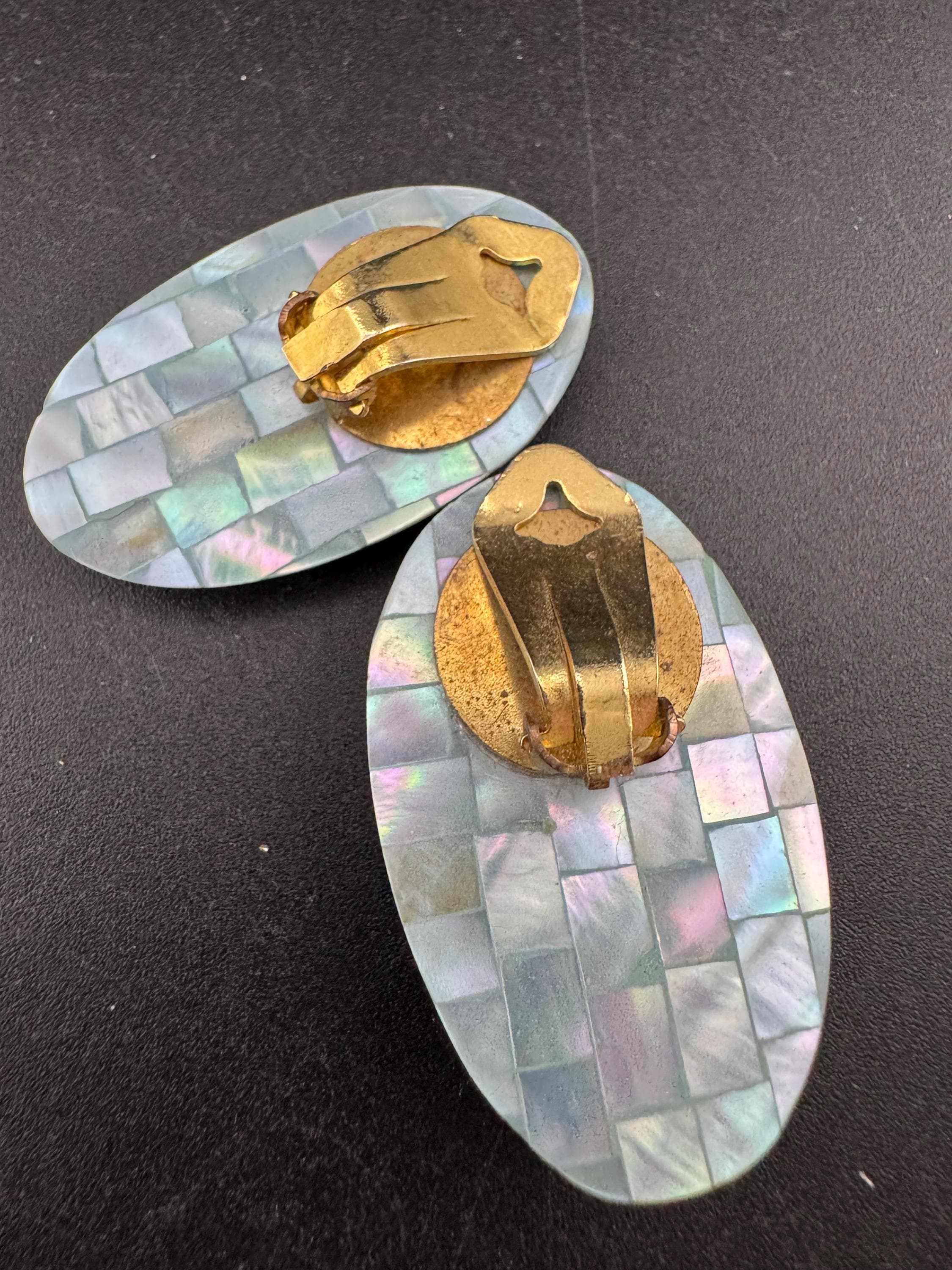 Oversized Vintage blue oval mother of pearl clip on earrings