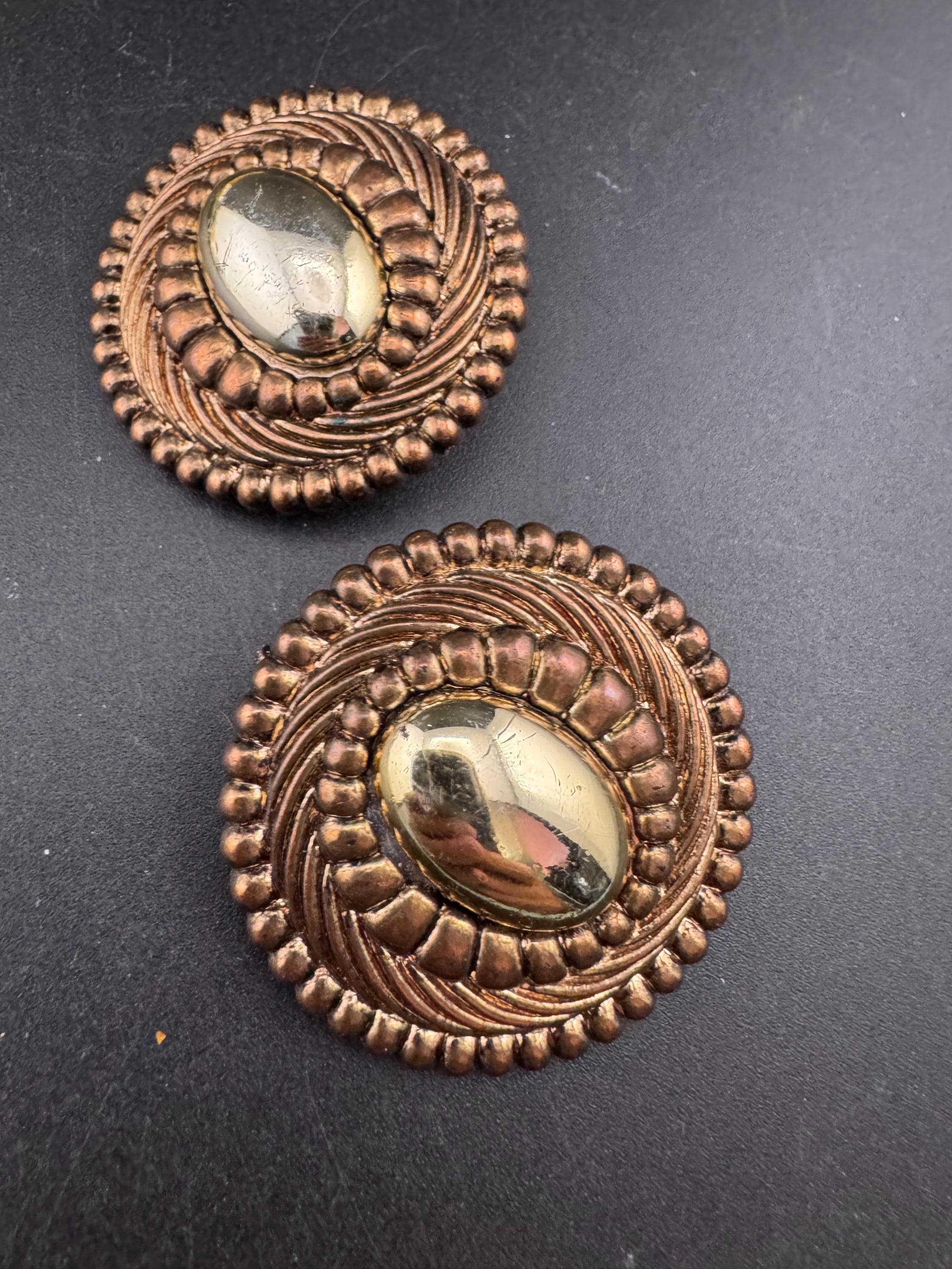 oversized round copper gold tone plastic and metal clip on earrings
