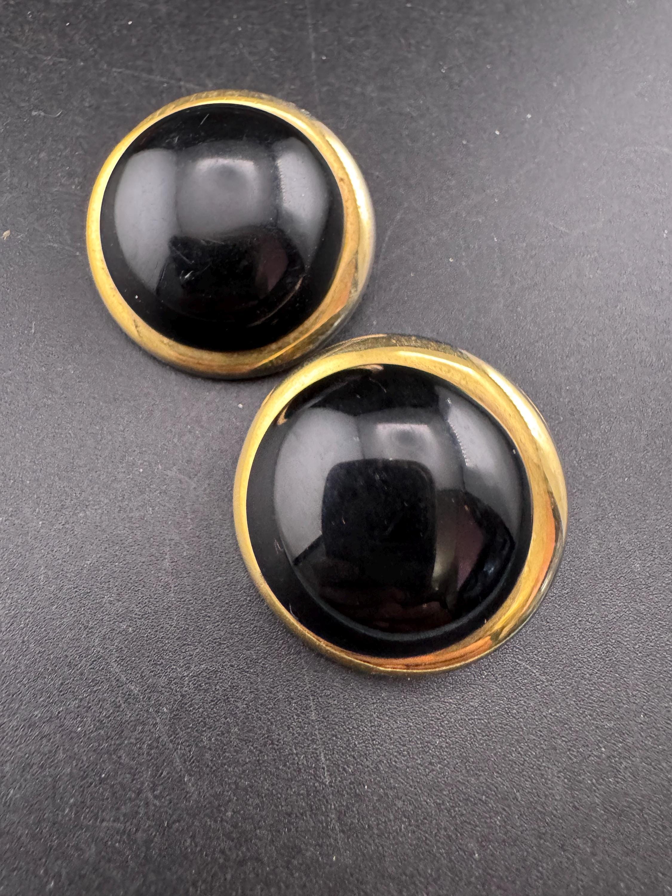Oversized black domed clip on earrings, vintage 1990s