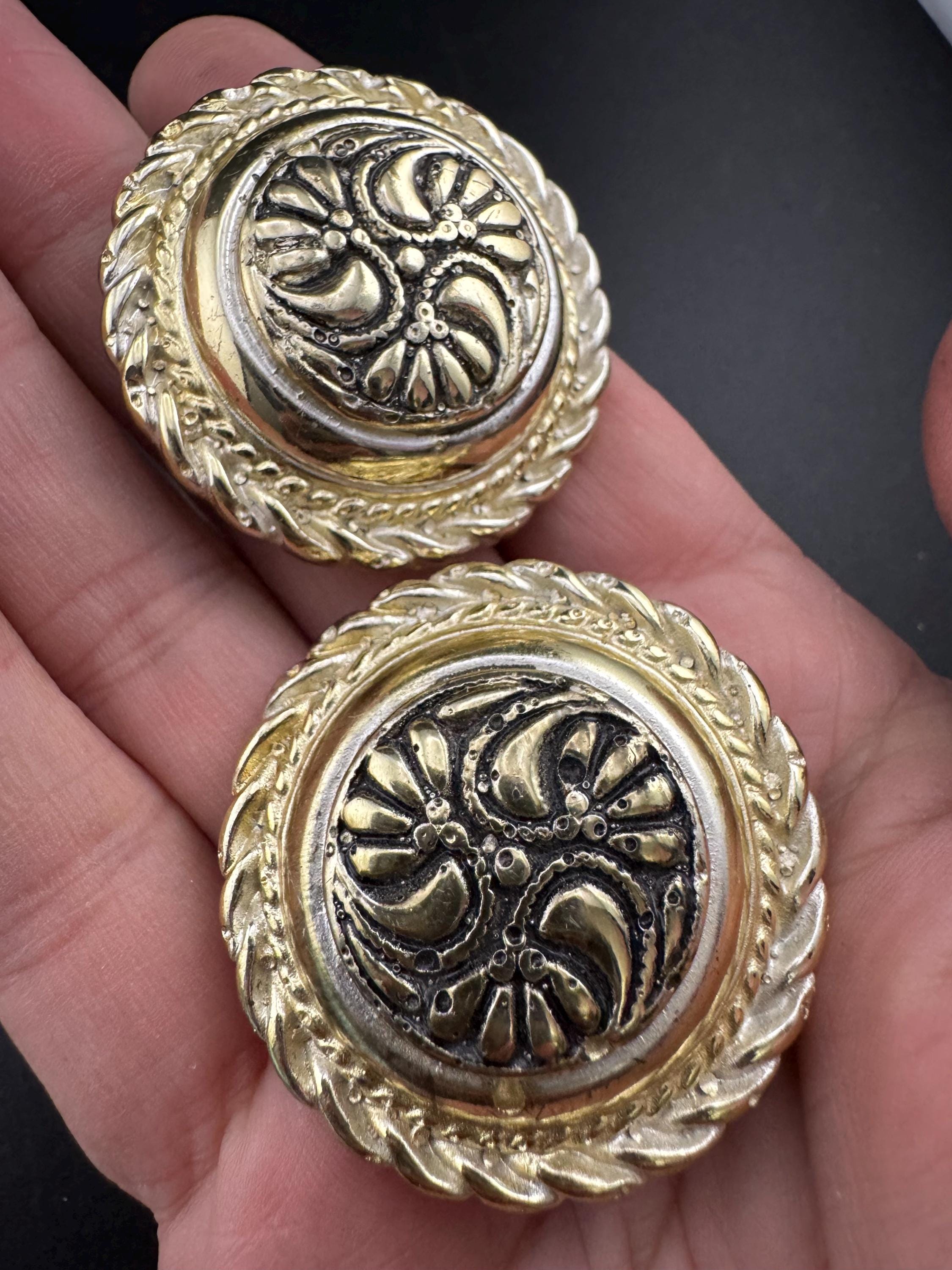 Oversized gold resin ornate domed Clip On Earrings: designer style unsigned studs