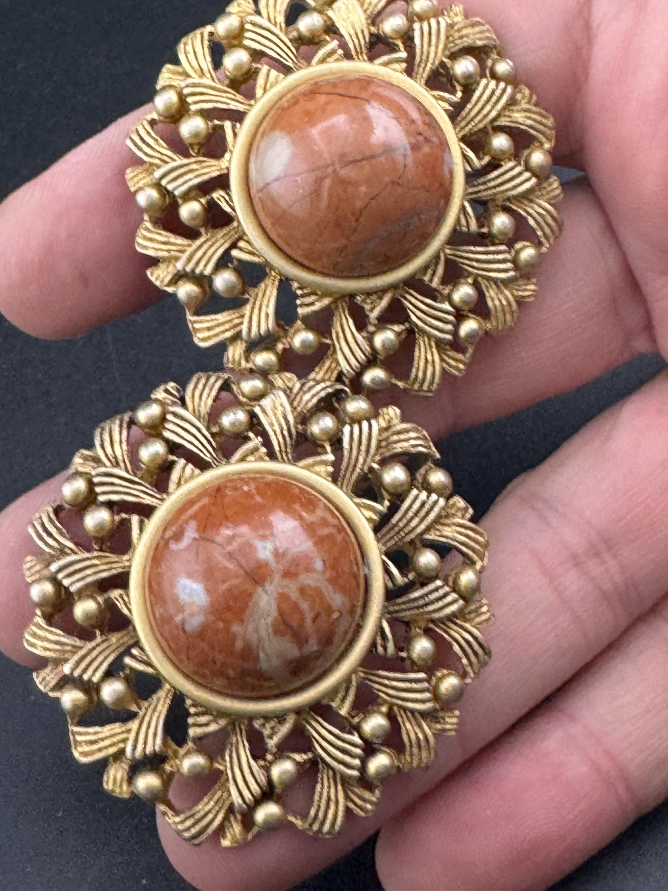 Oversized 4.5cm gold metal brown gemstone set domed Clip On Earrings: studs