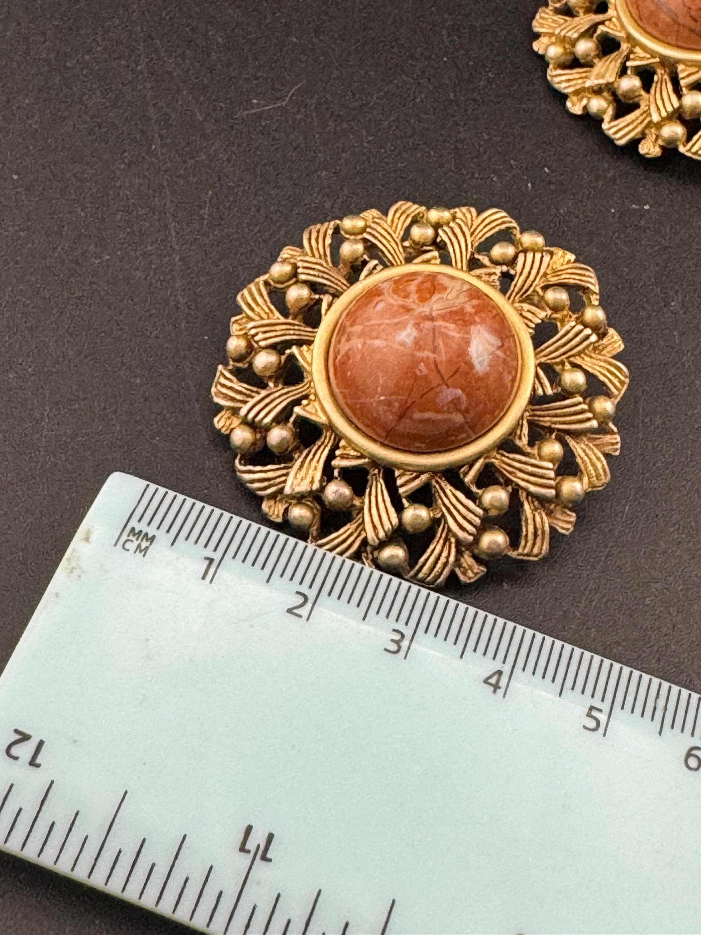 Oversized 4.5cm gold metal brown gemstone set domed Clip On Earrings: studs