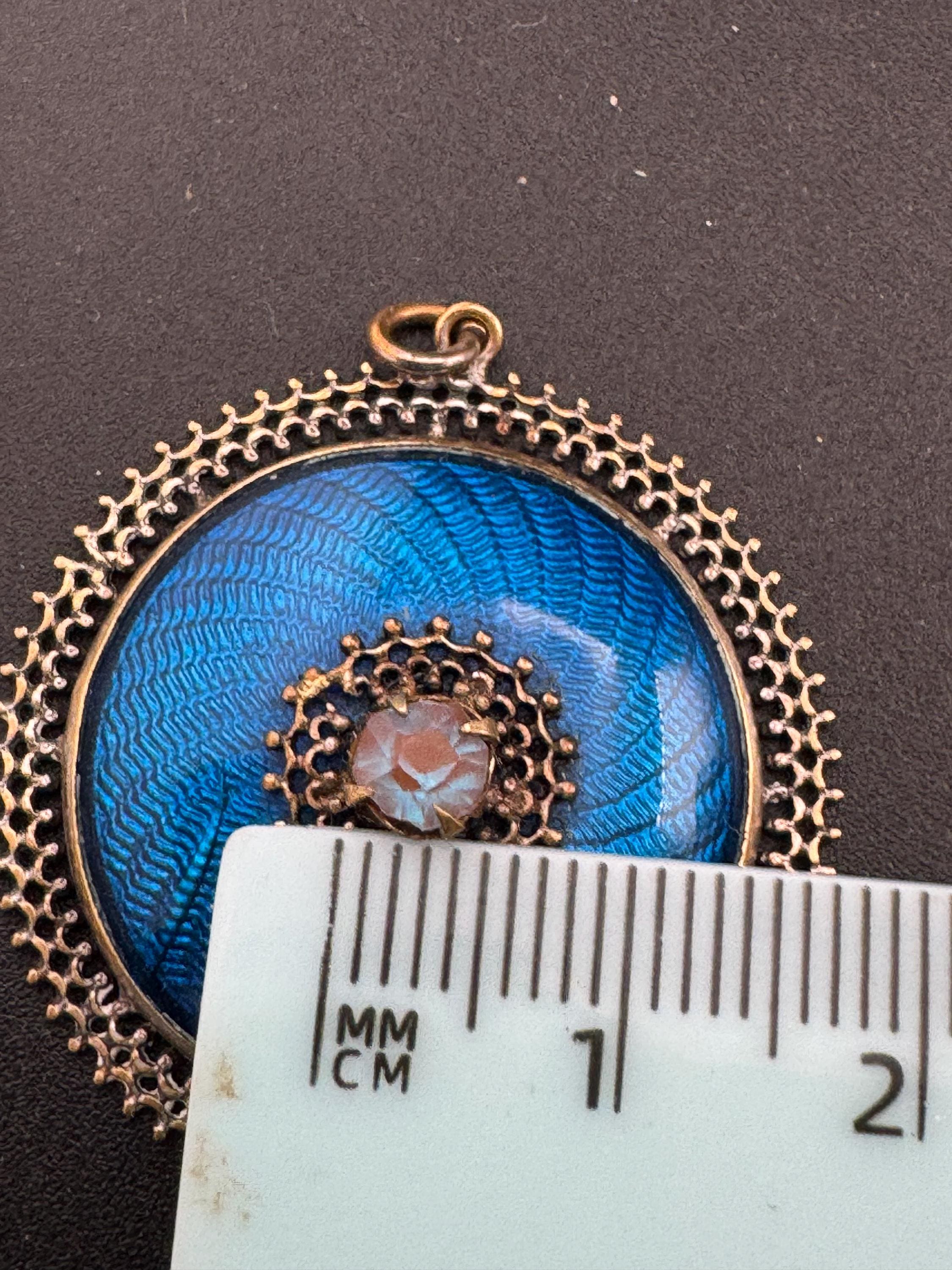 antique Edwardian blue guilloche enamel saphiret glass pendant