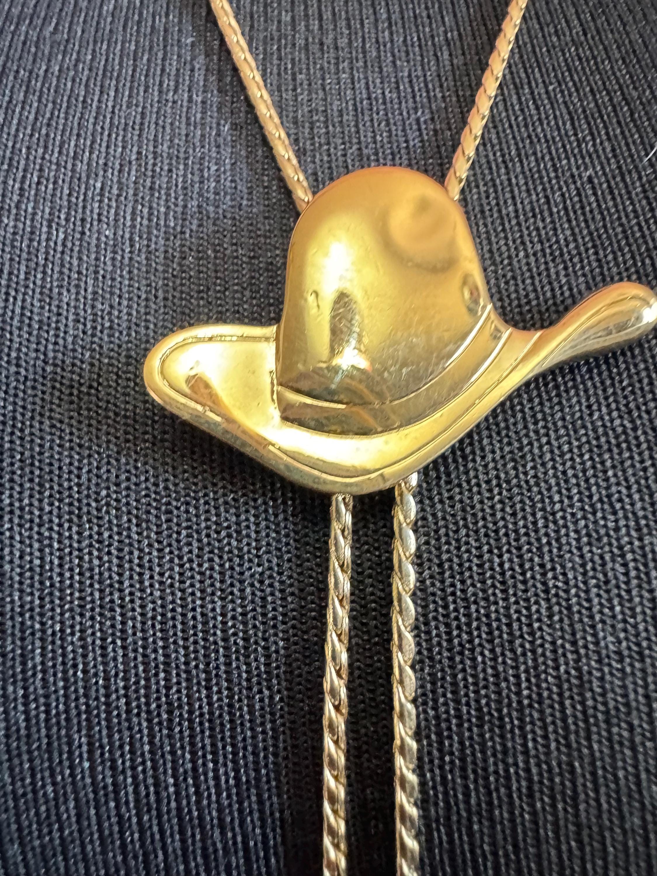 Signed D’orlan gold plated cowboy hat lariat drop bolo necklace