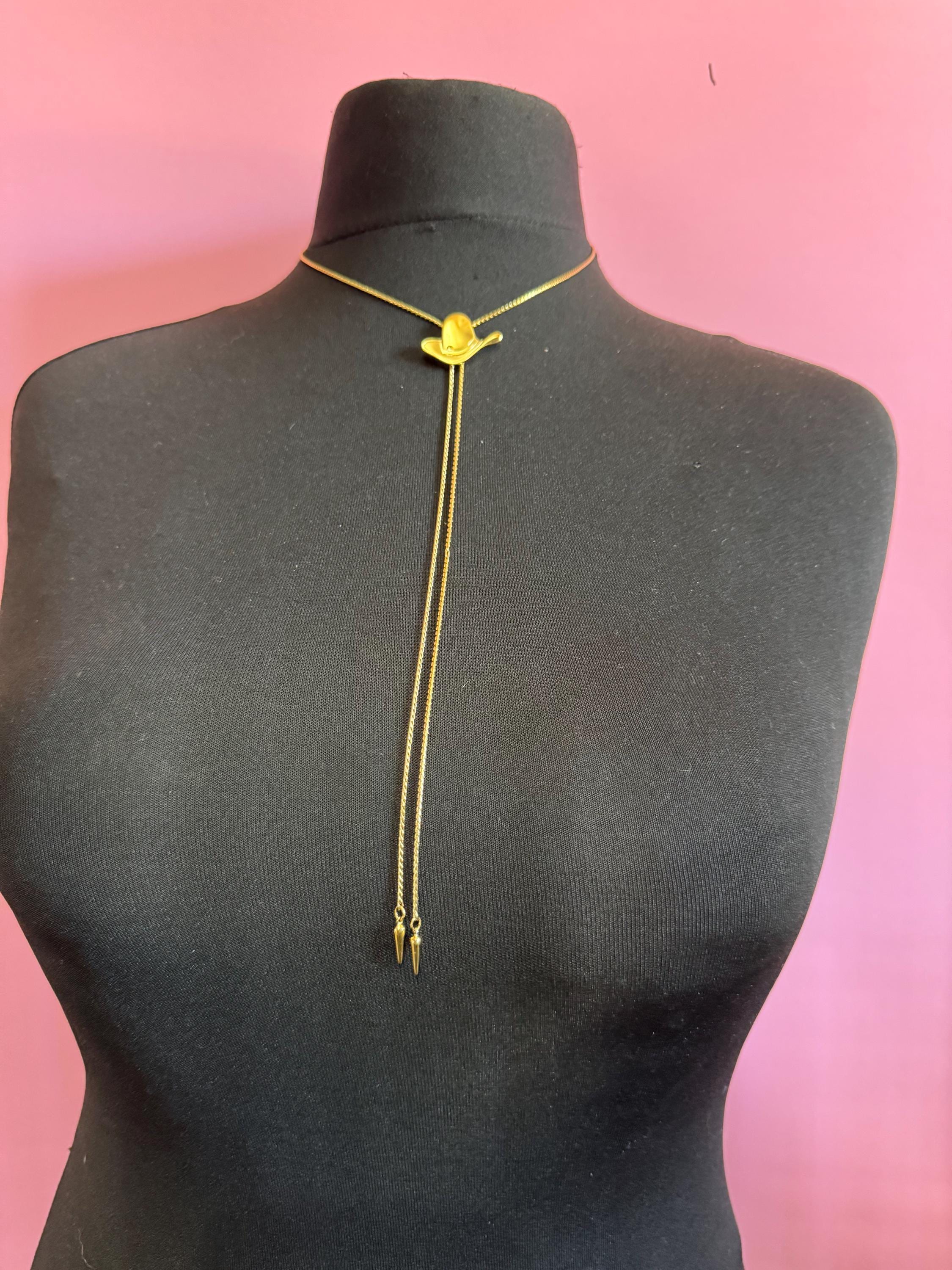 Signed D’orlan gold plated cowboy hat lariat drop bolo necklace