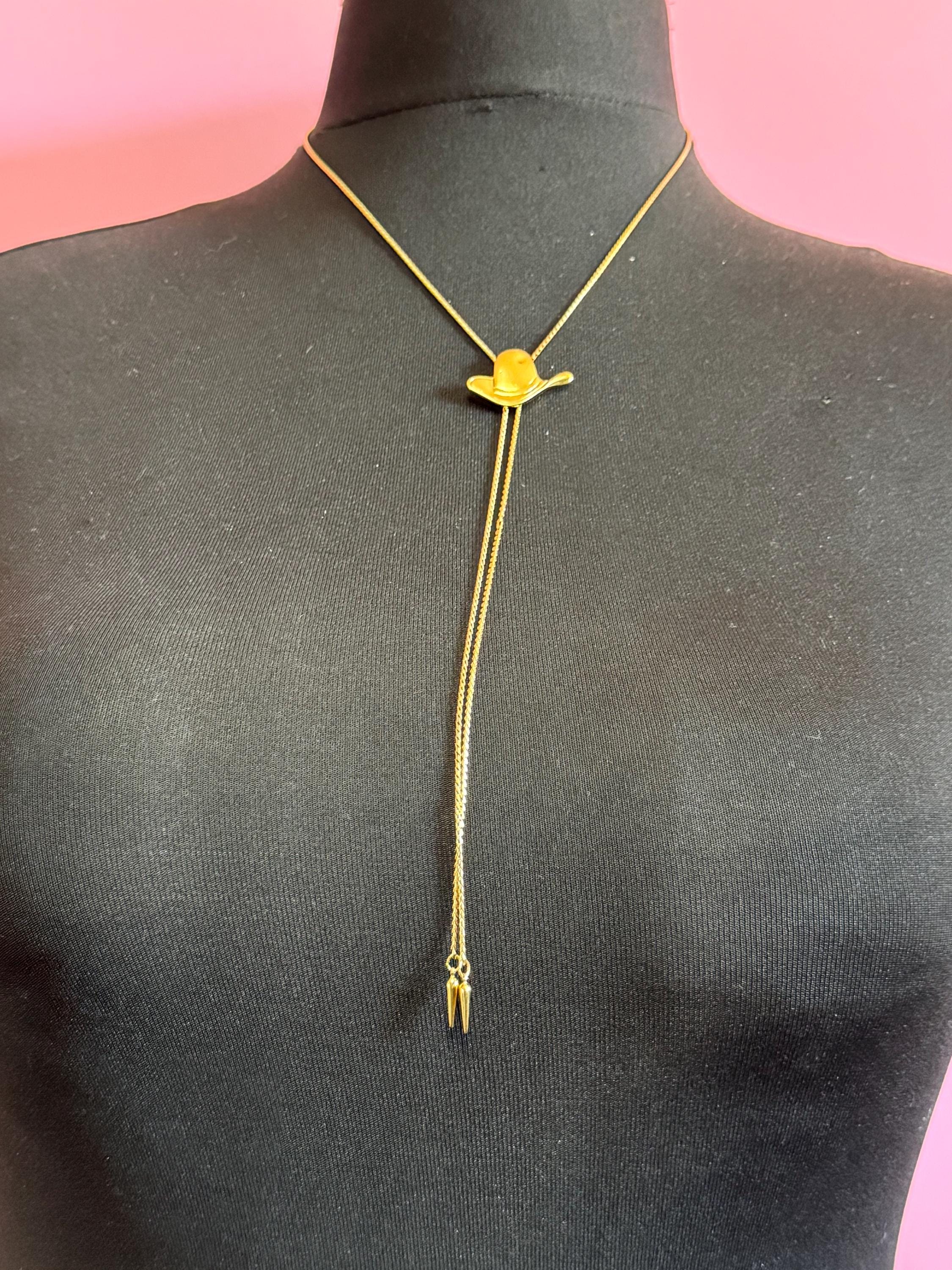 Signed D’orlan gold plated cowboy hat lariat drop bolo necklace