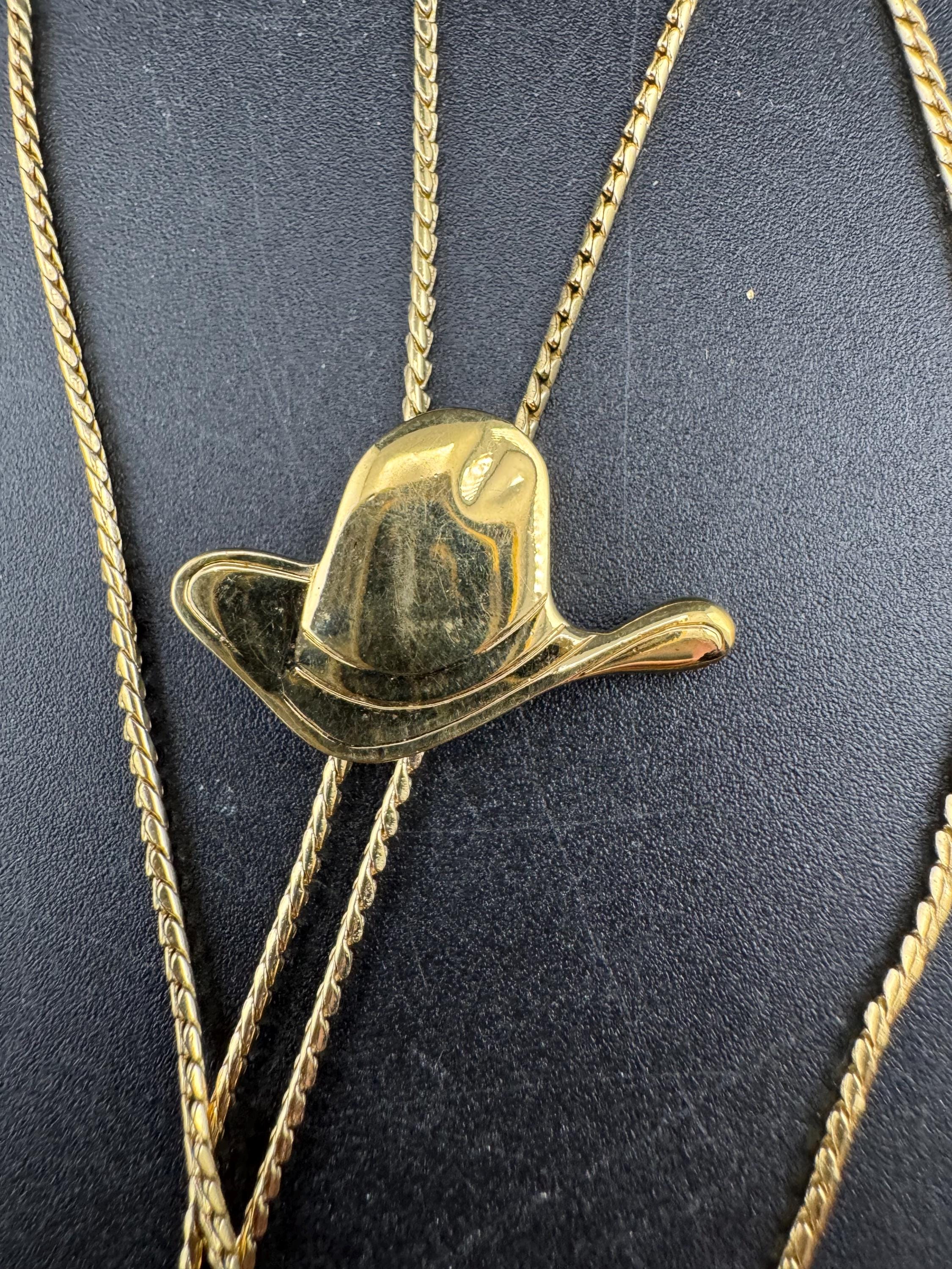 Signed D’orlan gold plated cowboy hat lariat drop bolo necklace