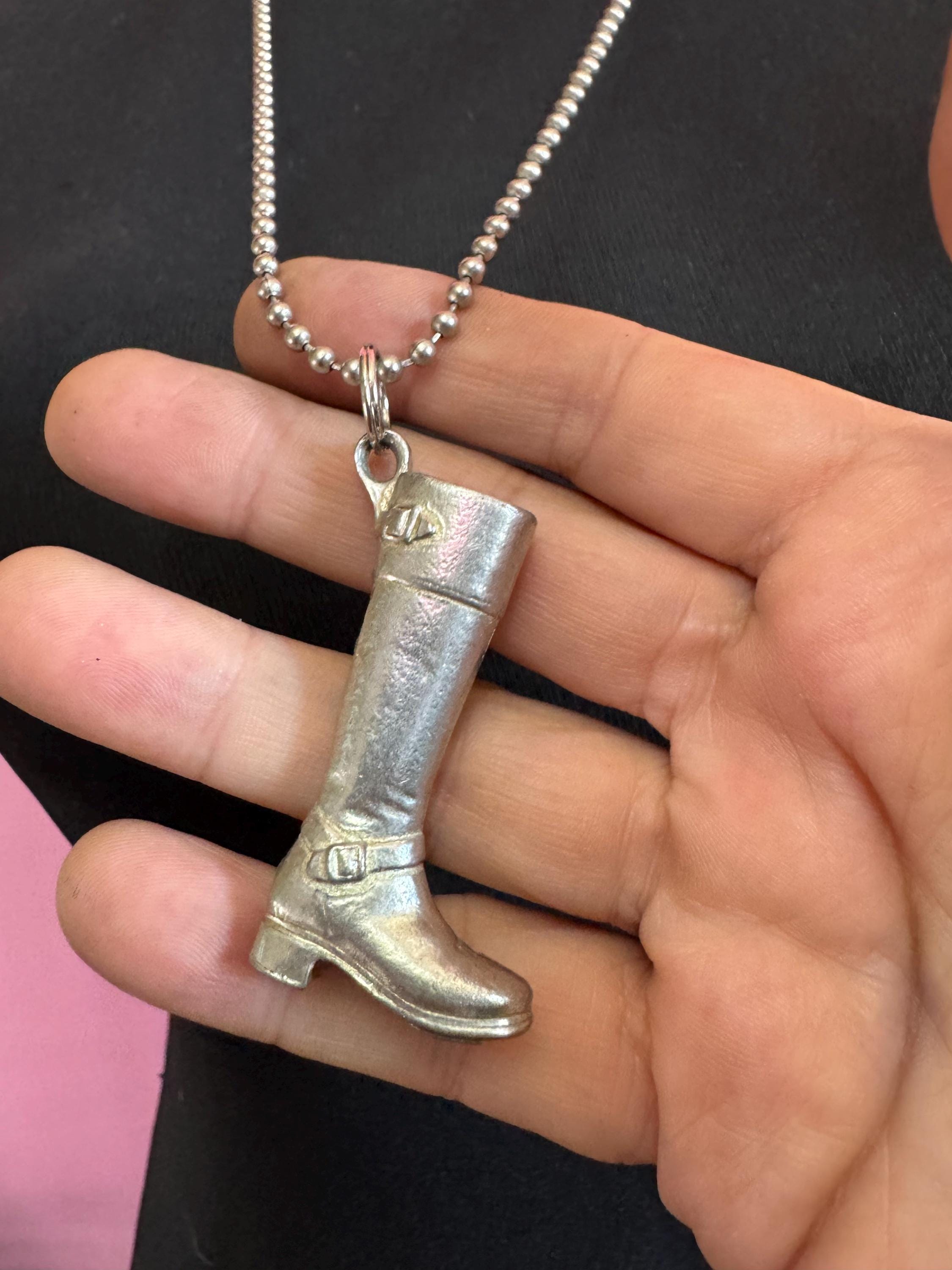vintage silver riding boot weighty pendant on a 80cm metal ball bead long chain