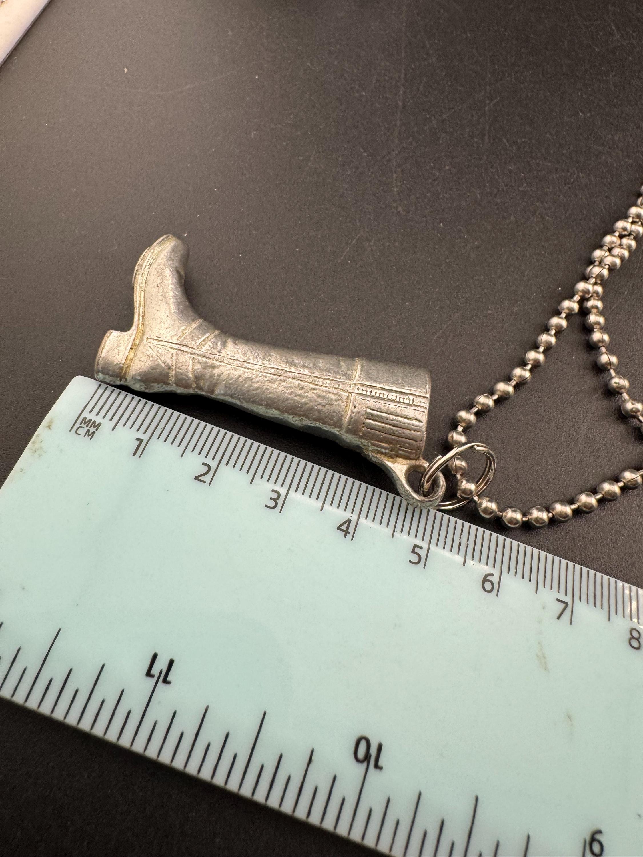 vintage silver riding boot weighty pendant on a 80cm metal ball bead long chain