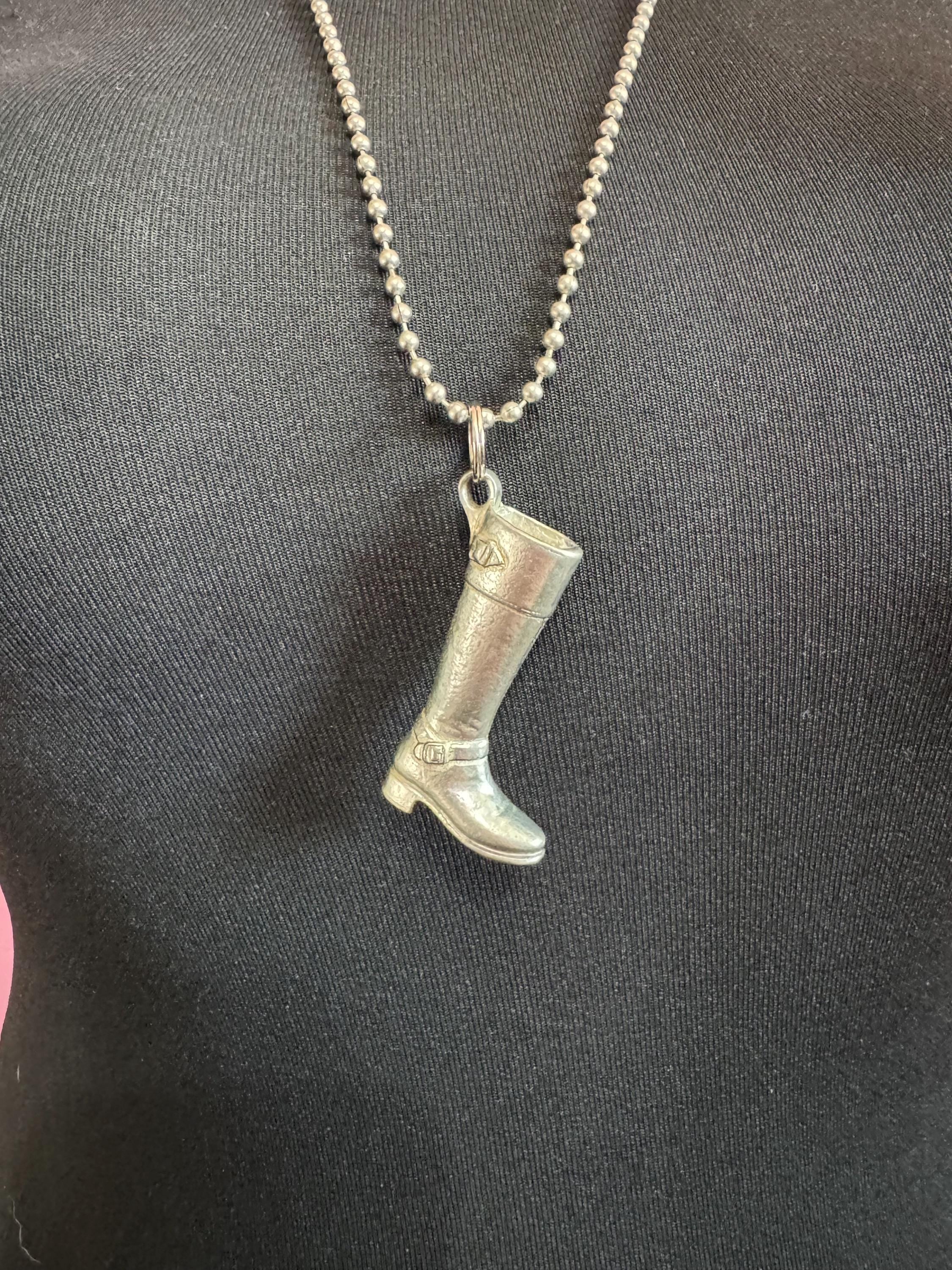 vintage silver riding boot weighty pendant on a 80cm metal ball bead long chain