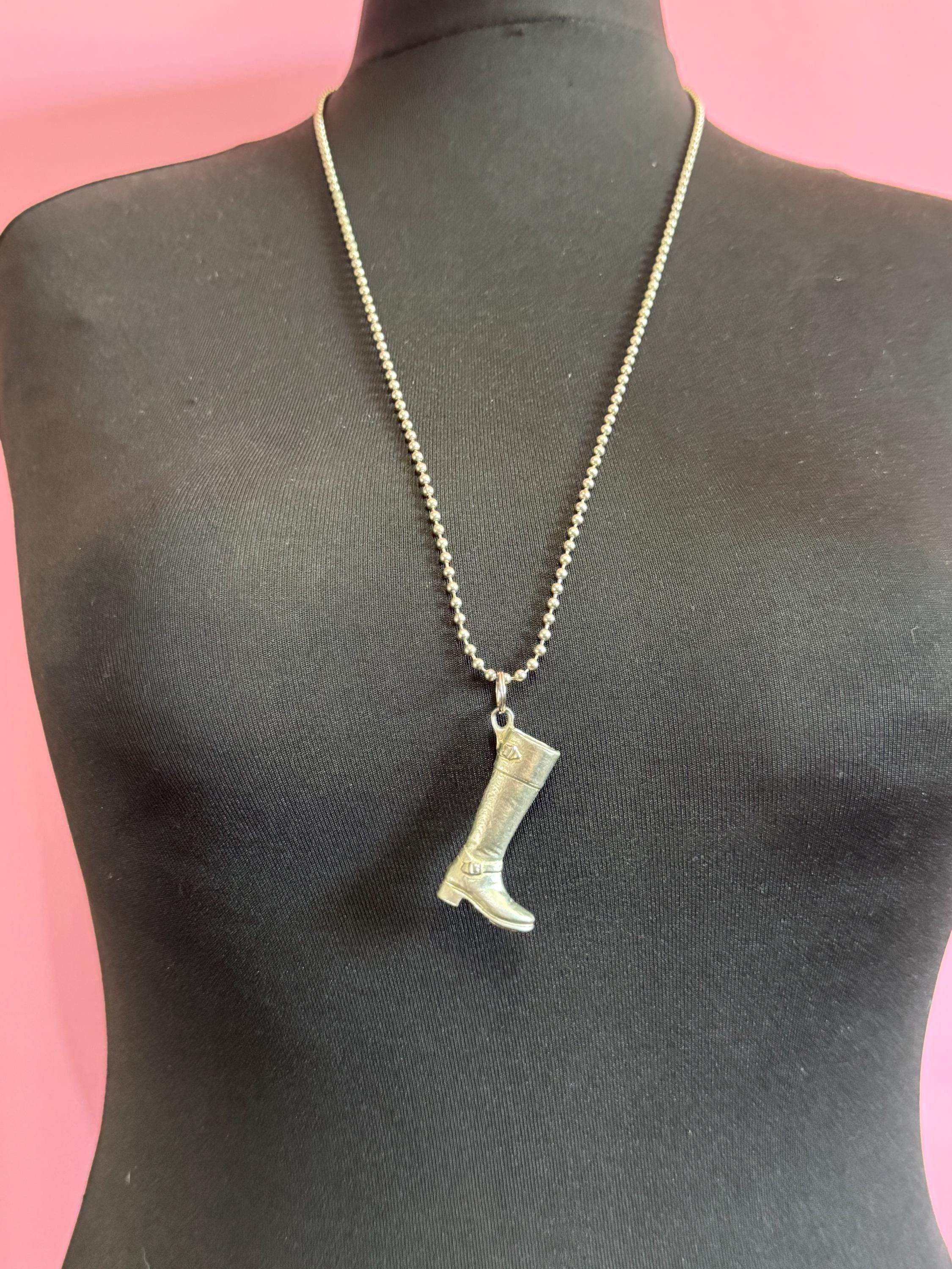 vintage silver riding boot weighty pendant on a 80cm metal ball bead long chain