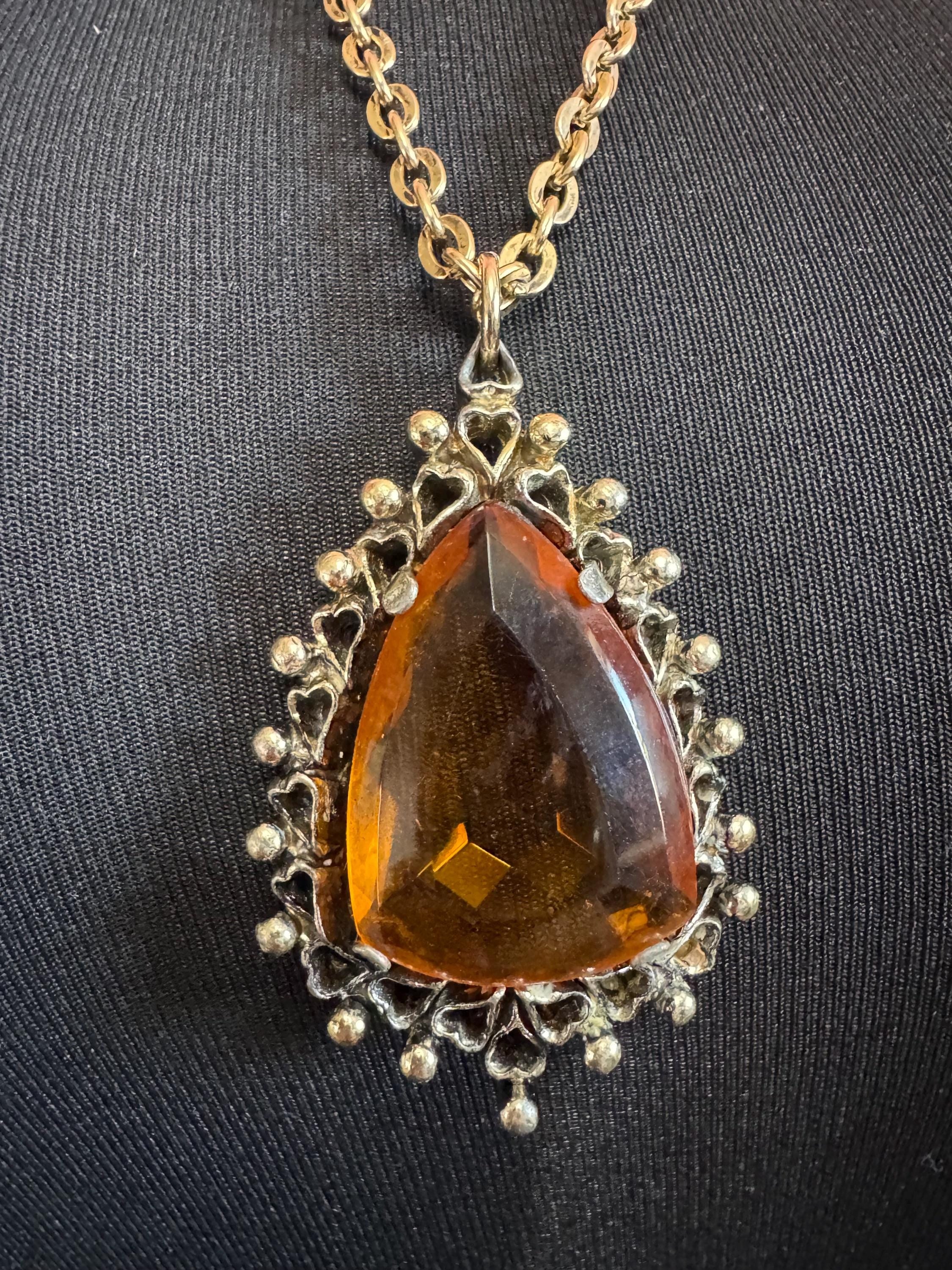 Vintage gold tone orange amber faceted Glass teardrop pendant necklace on 72cm chain