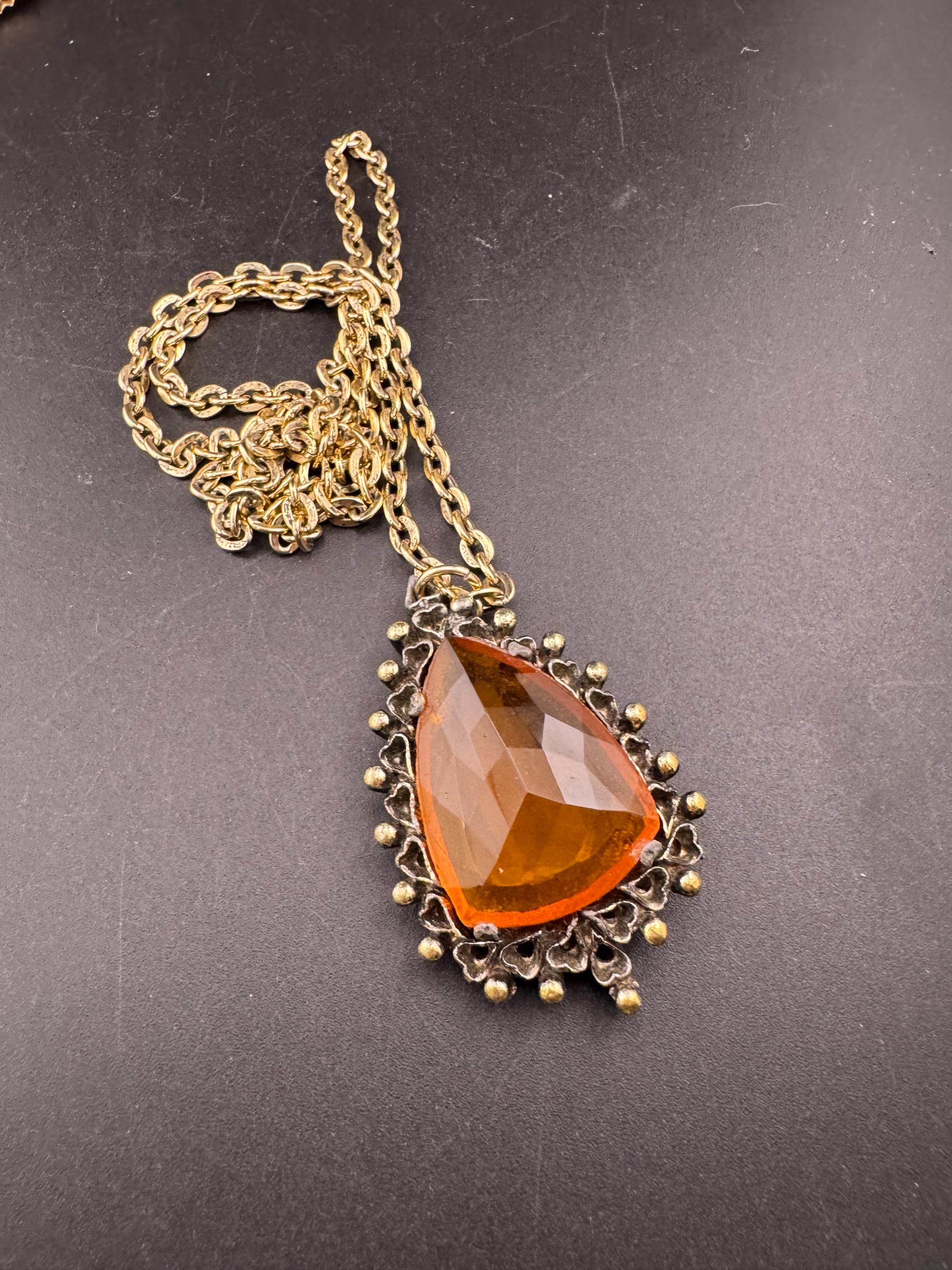 Vintage gold tone orange amber faceted Glass teardrop pendant necklace on 70cm chain