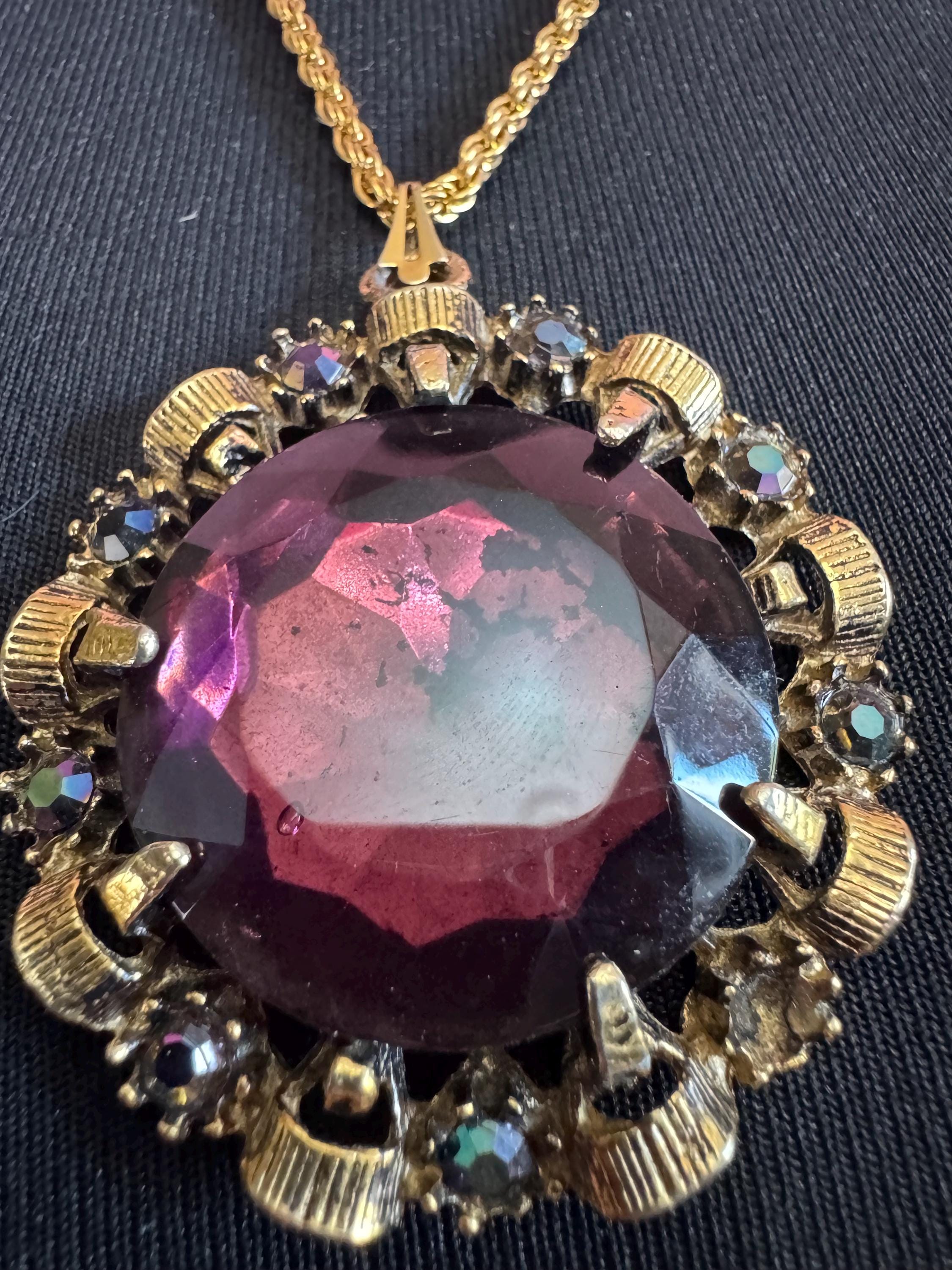 Vintage Purple amethyst Glass gold tone round pendant 1970s brutalist modernist
