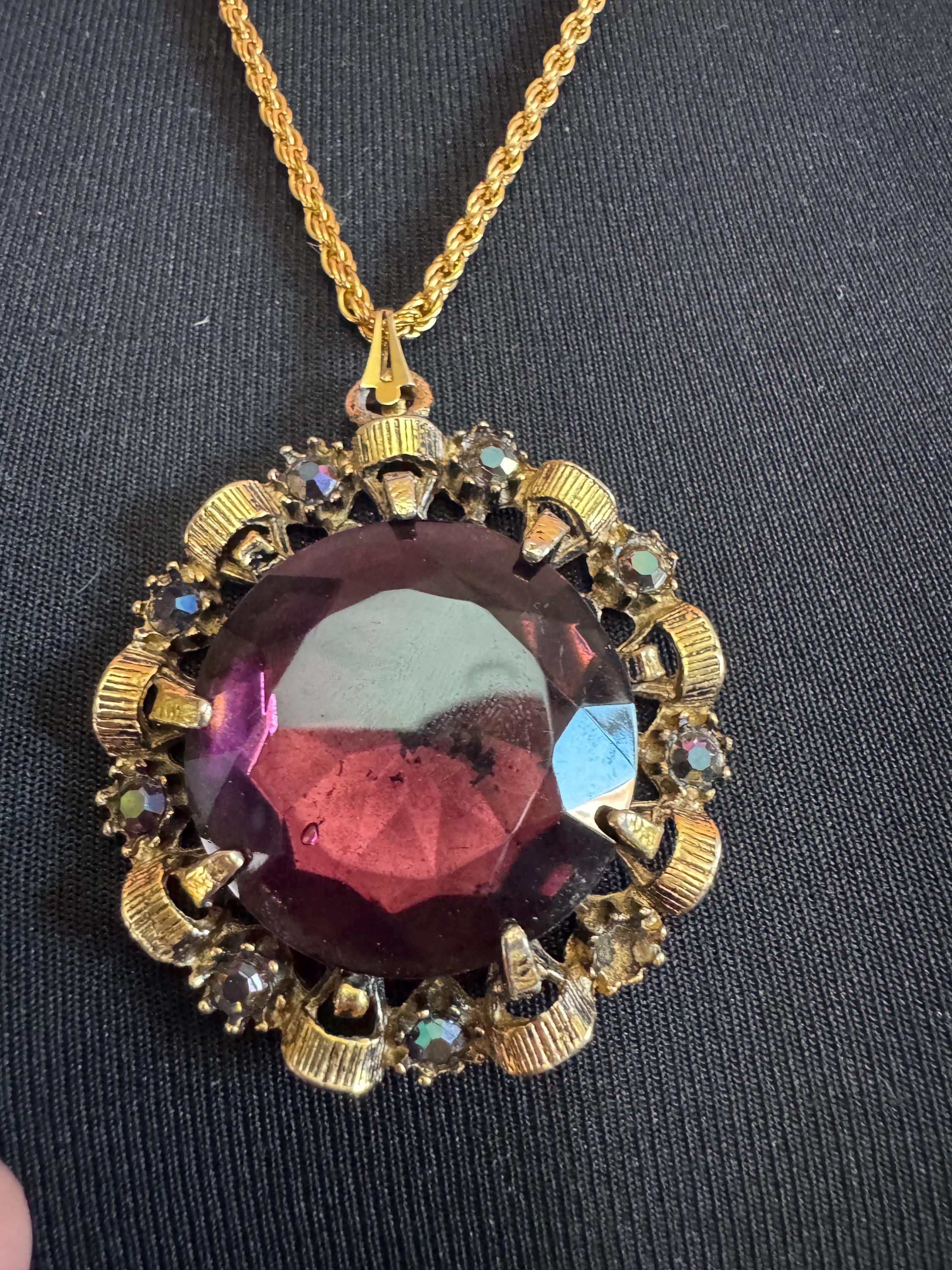 Vintage Purple amethyst Glass gold tone round pendant 1970s brutalist modernist