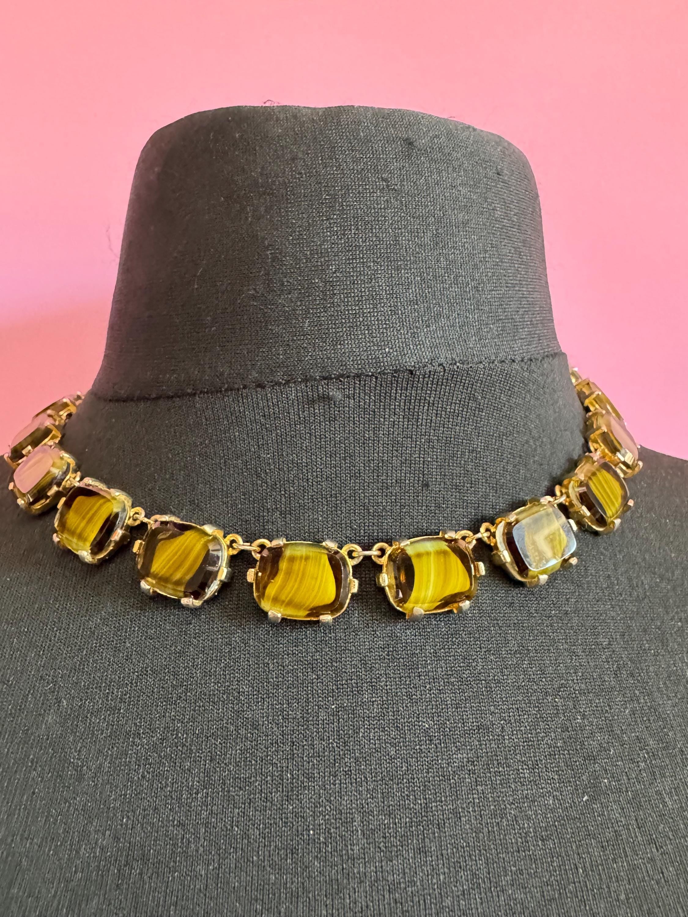 Vintage olive brown marbled glass cabochon panel link necklace mid century