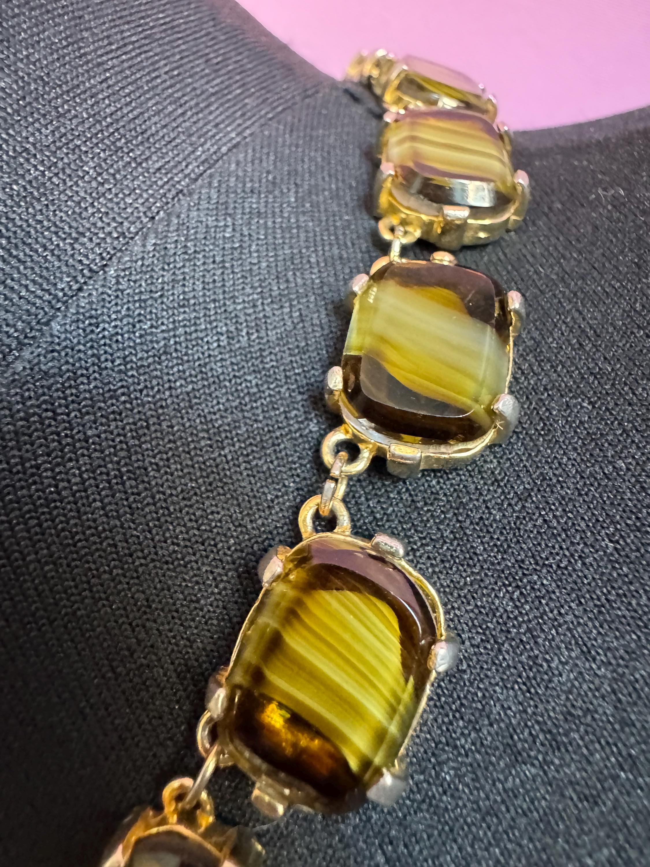 Vintage olive brown marbled glass cabochon panel link necklace mid century