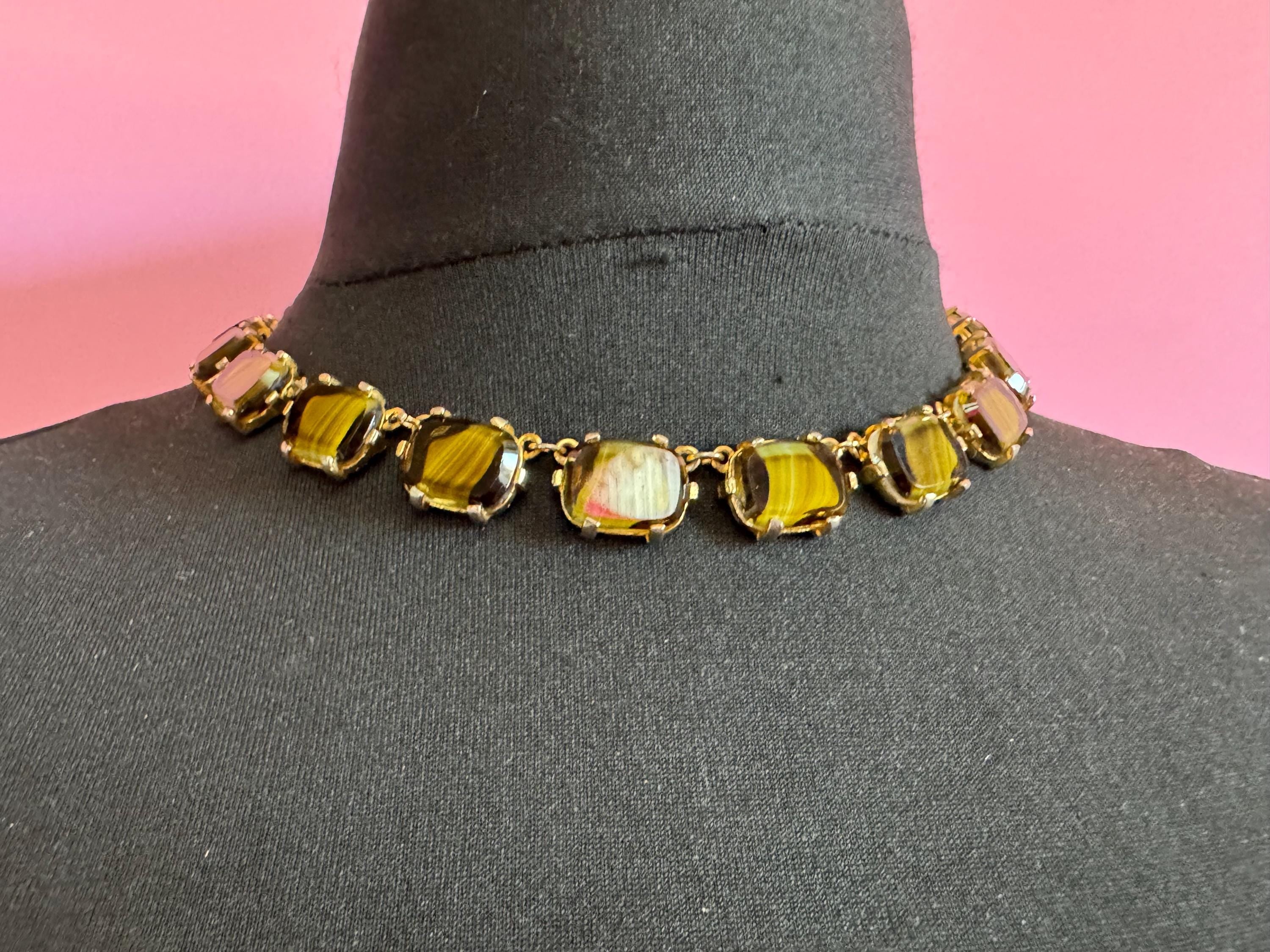Vintage olive brown marbled glass cabochon panel link necklace mid century