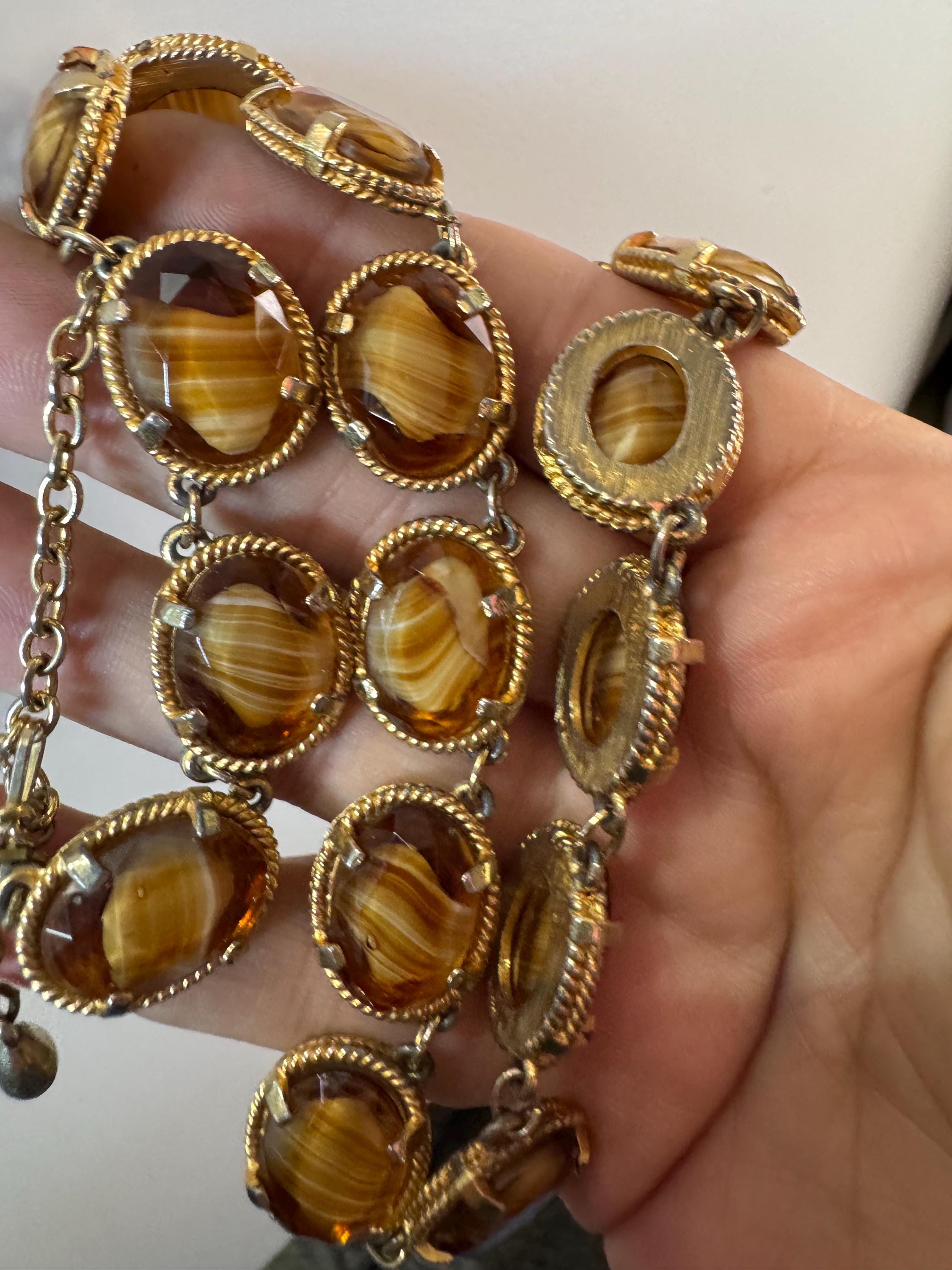 Vintage warm brown marbled givre glass cabochon panel link necklace mid century